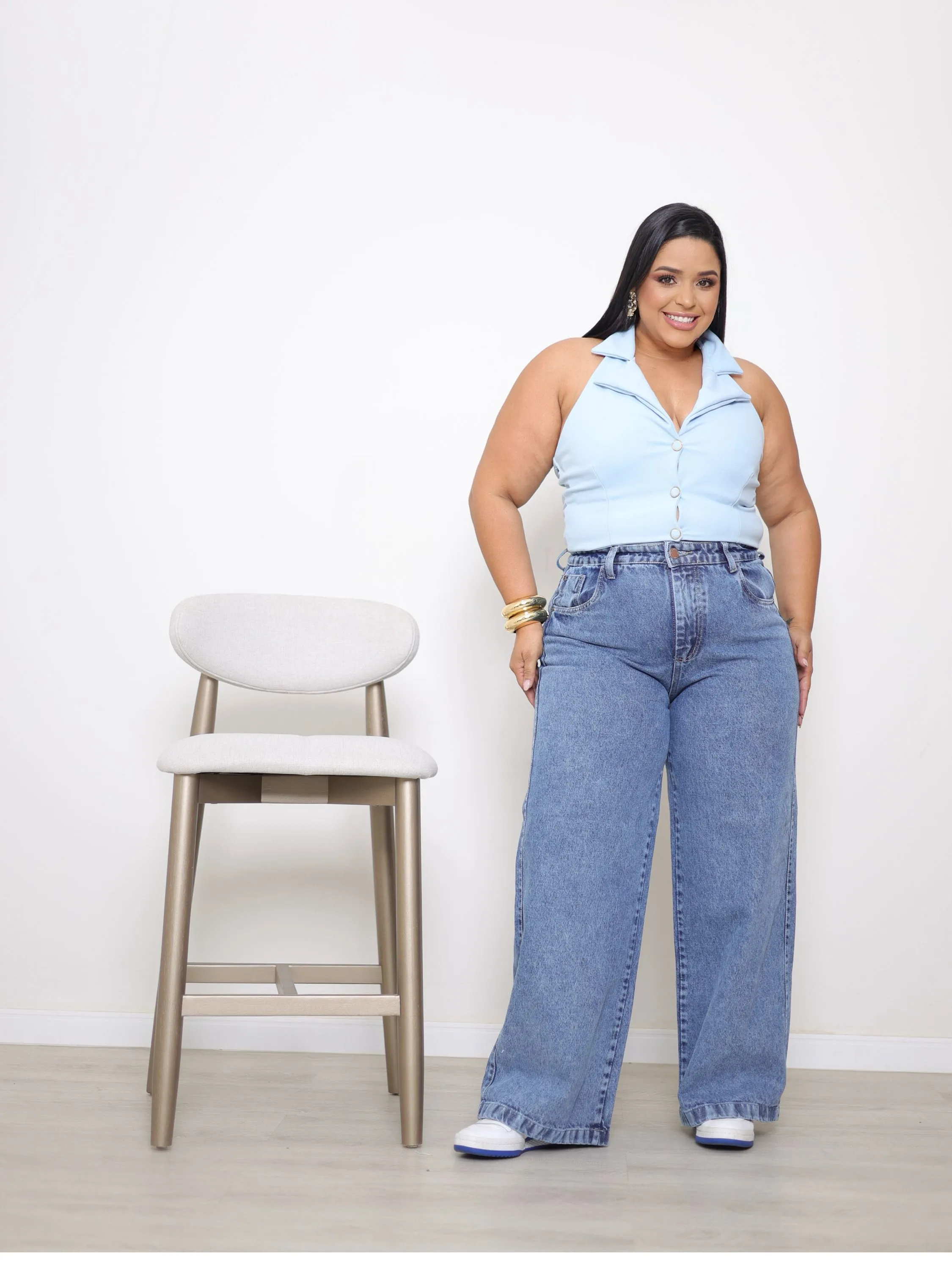 Calça wide leg jeans feminina plus size