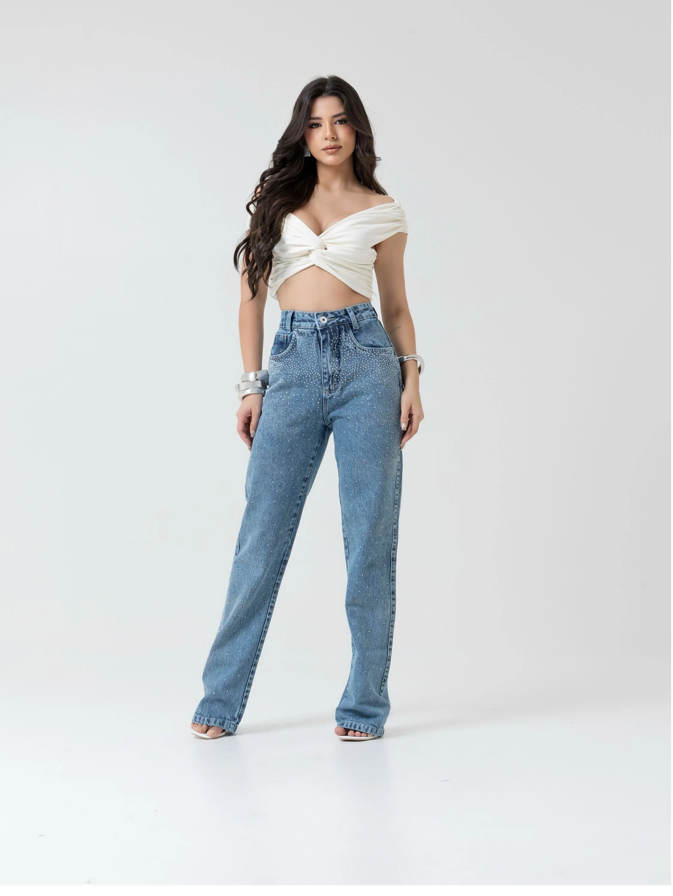 Calça wide leg jeans feminina de strass