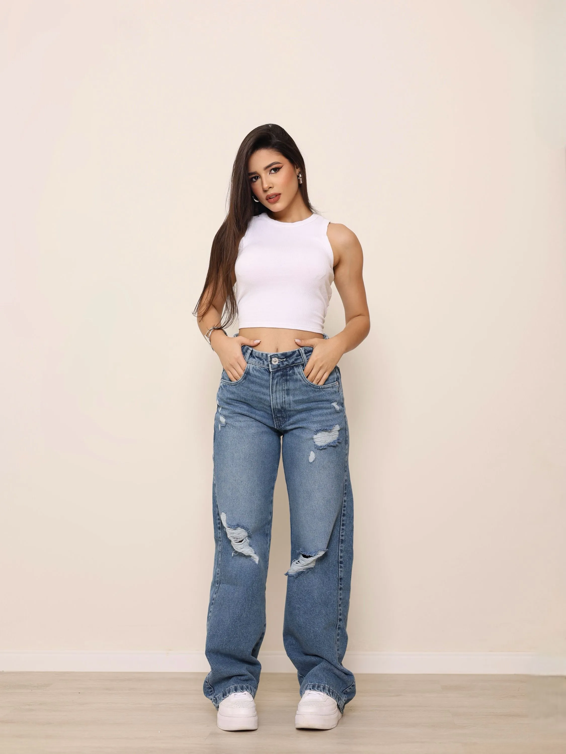 Calça wide leg jeans feminina