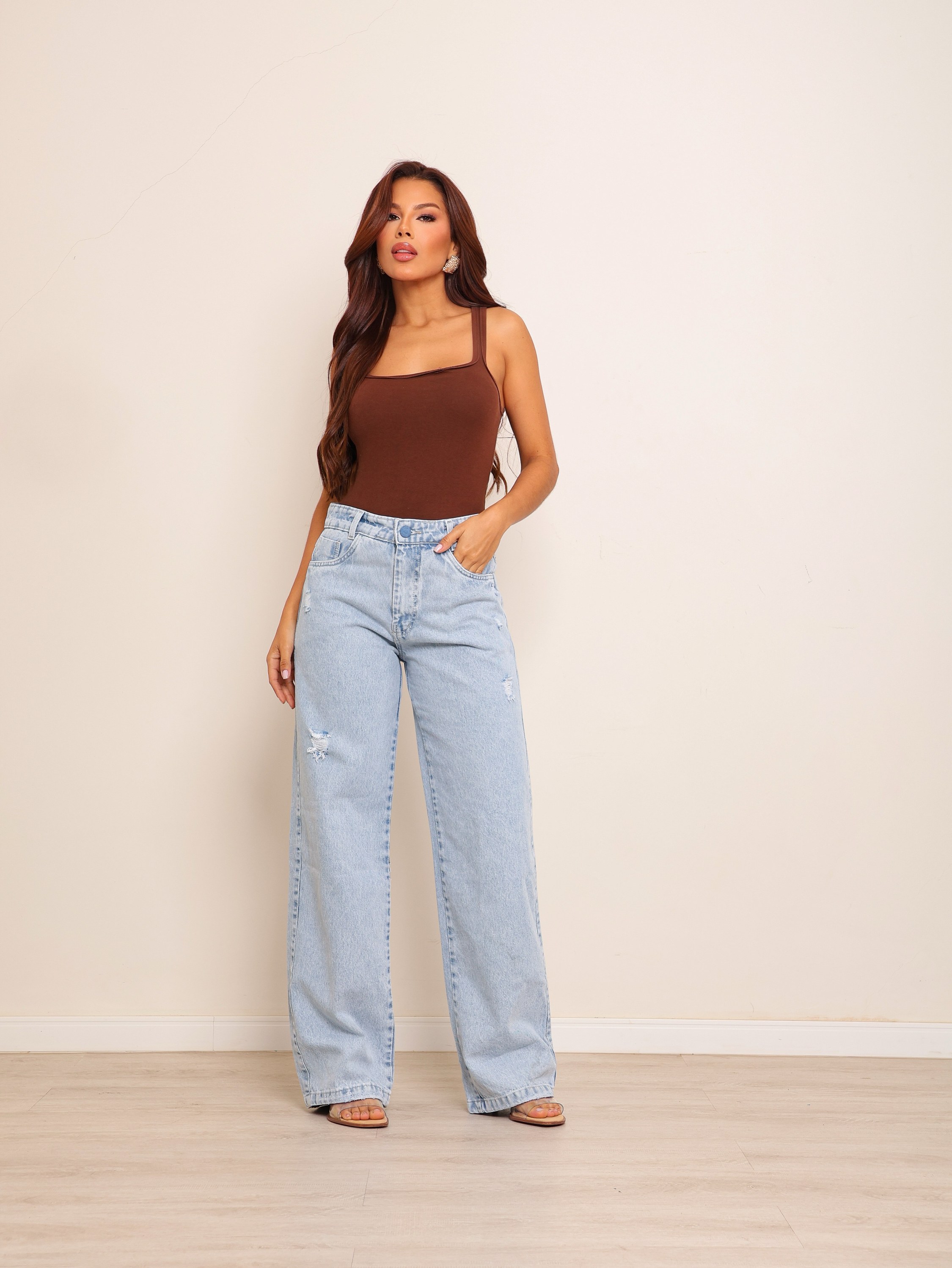 Calça wide leg jeans feminina