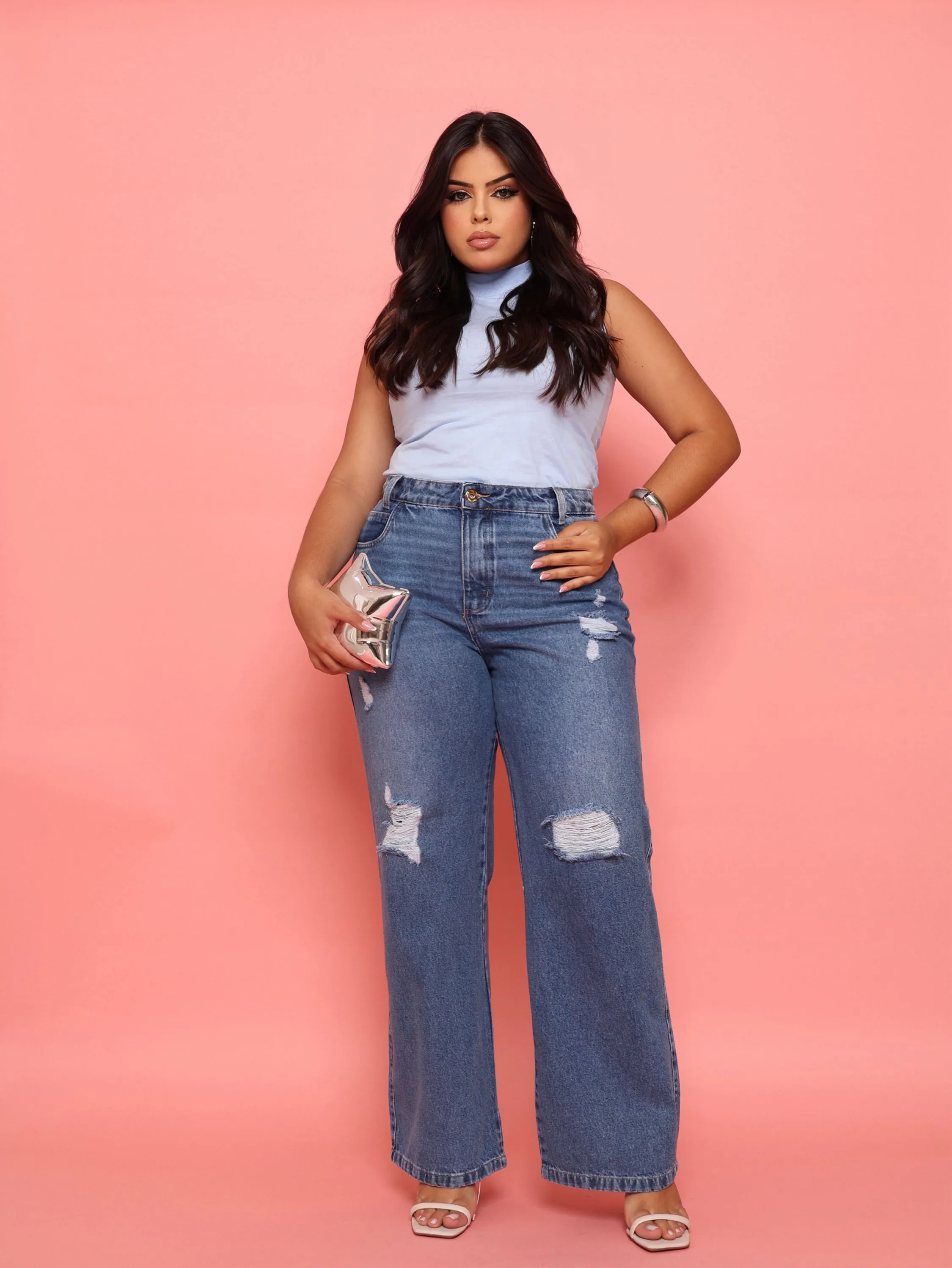 Calça wide leg jeans feminina plus size