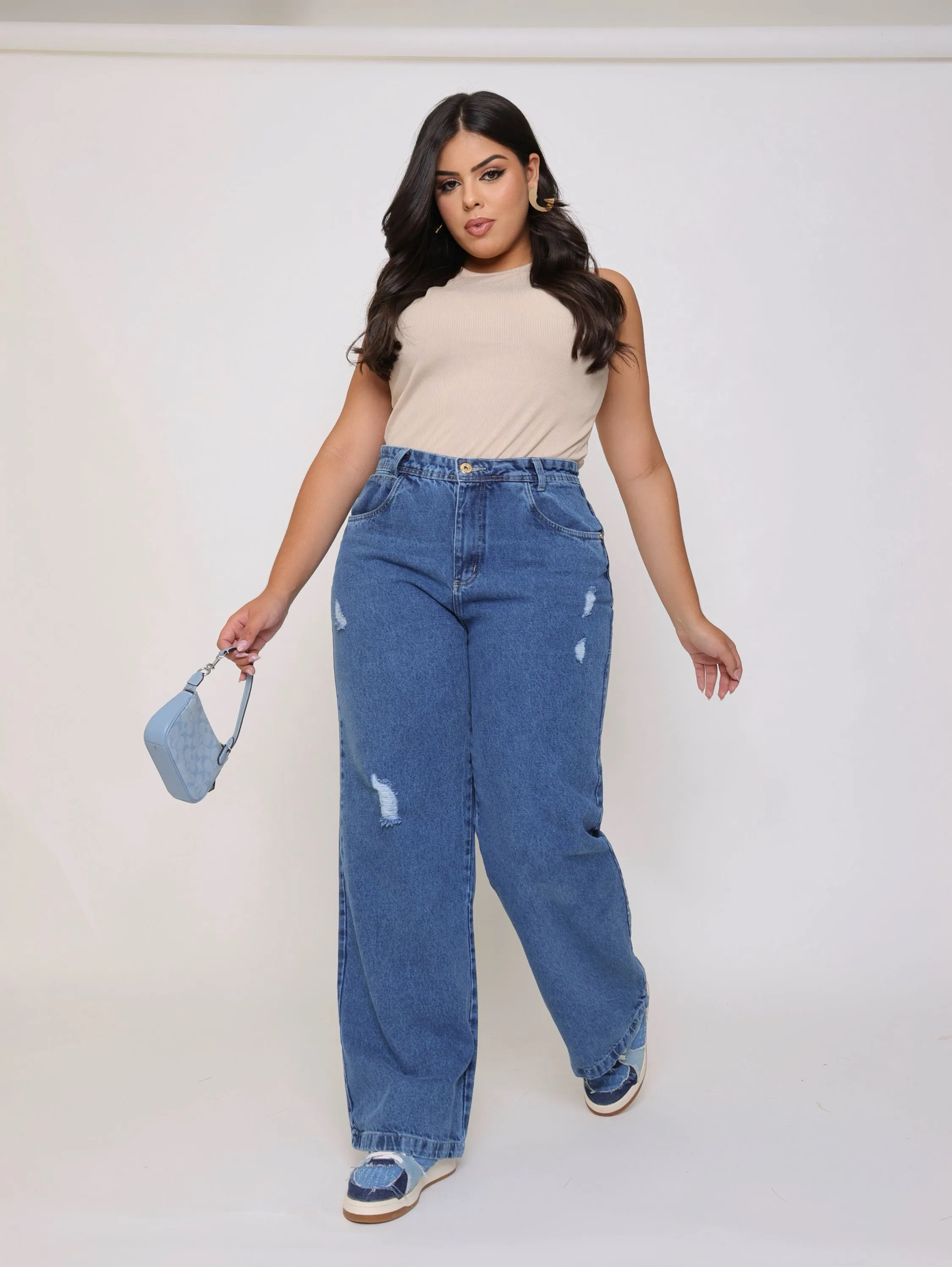 Calça wide leg jeans feminina plus size