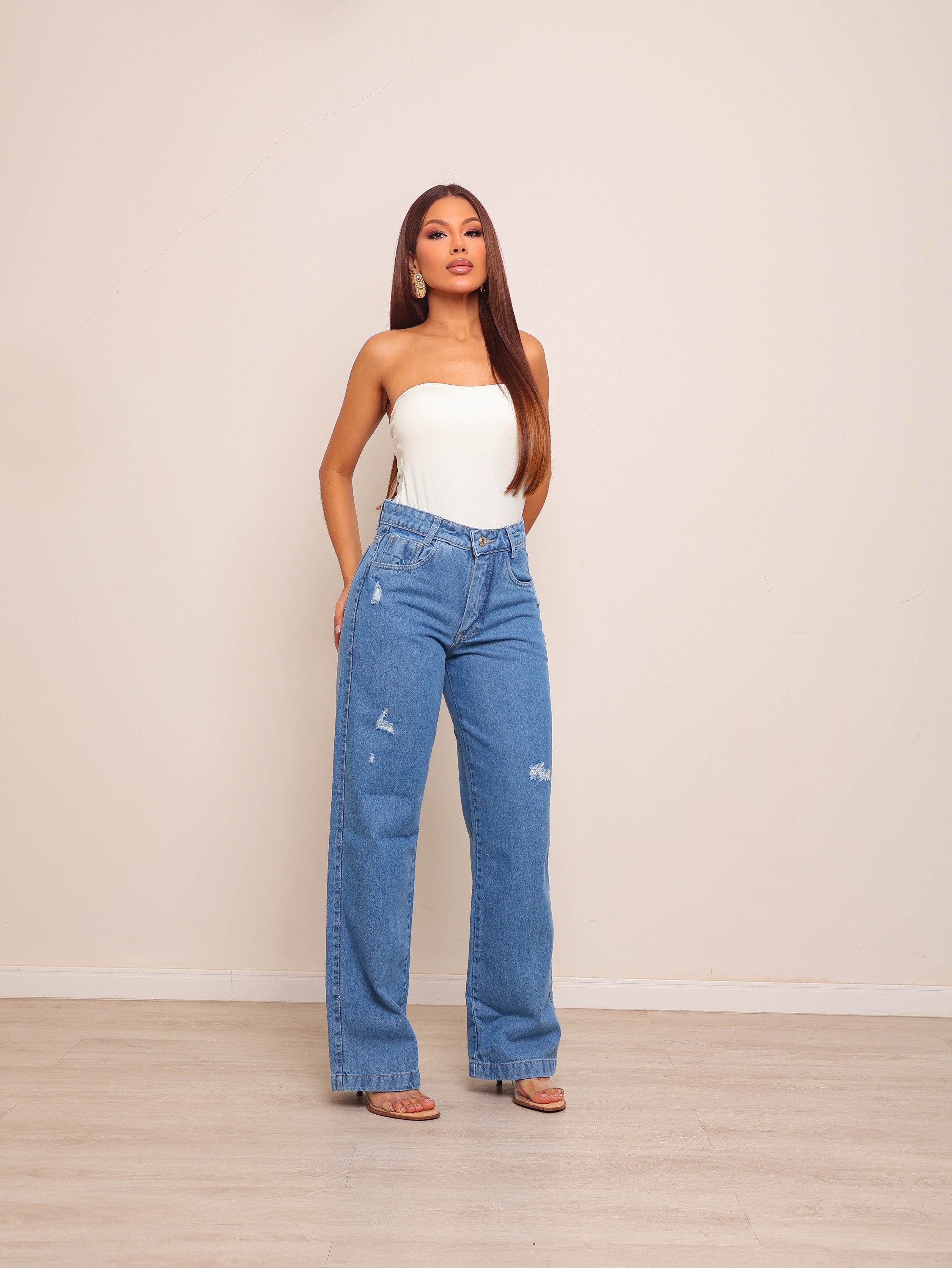 Calça wide leg jeans feminina