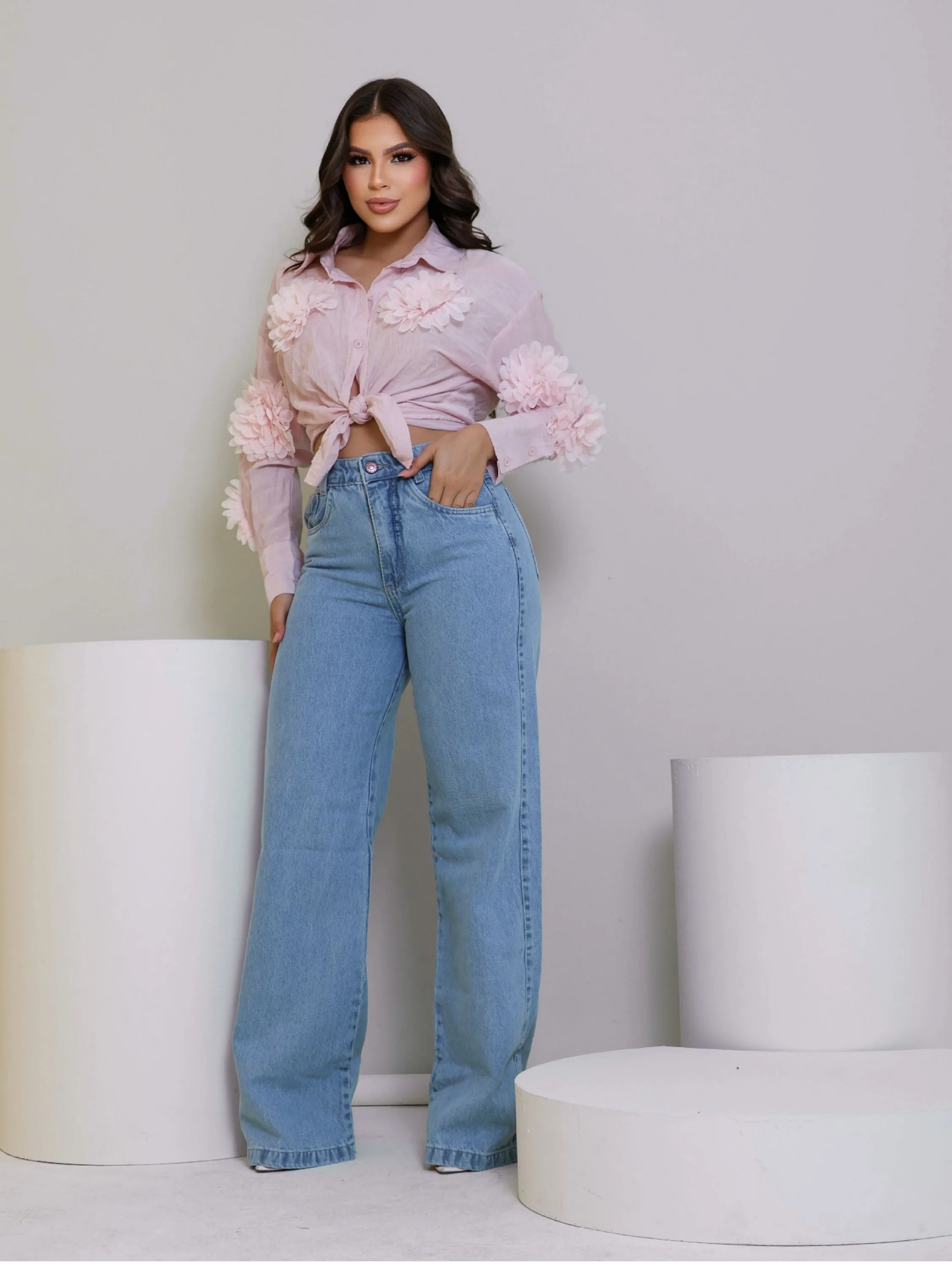 Calça wide leg jeans feminina