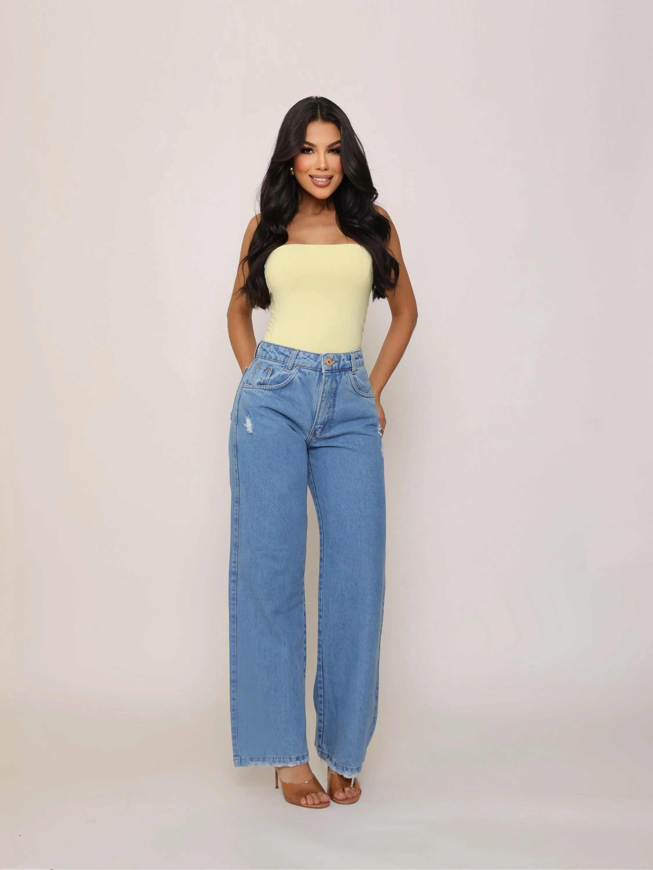 Calça wide leg jeans feminina