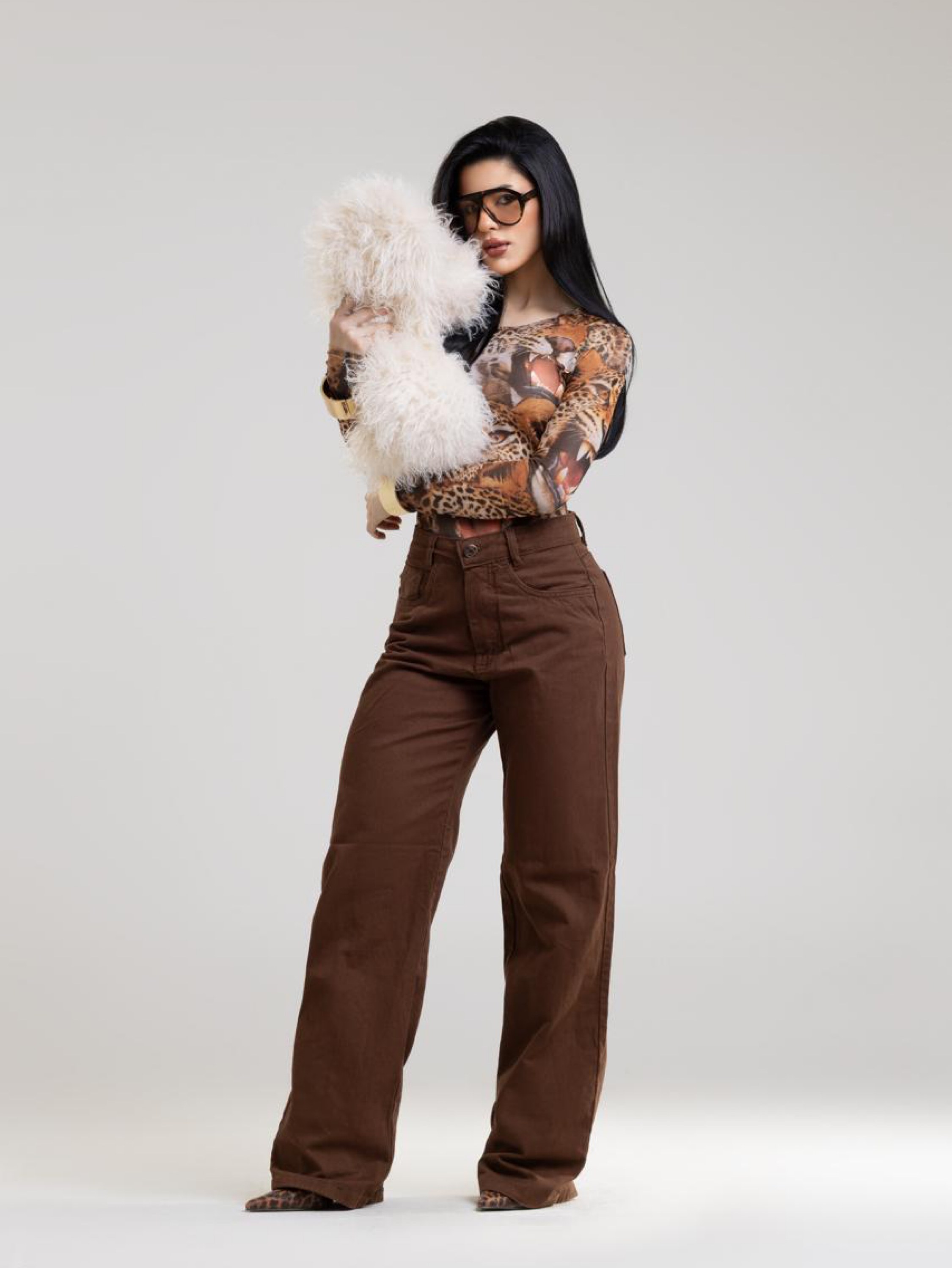Calça wide leg jeans feminina