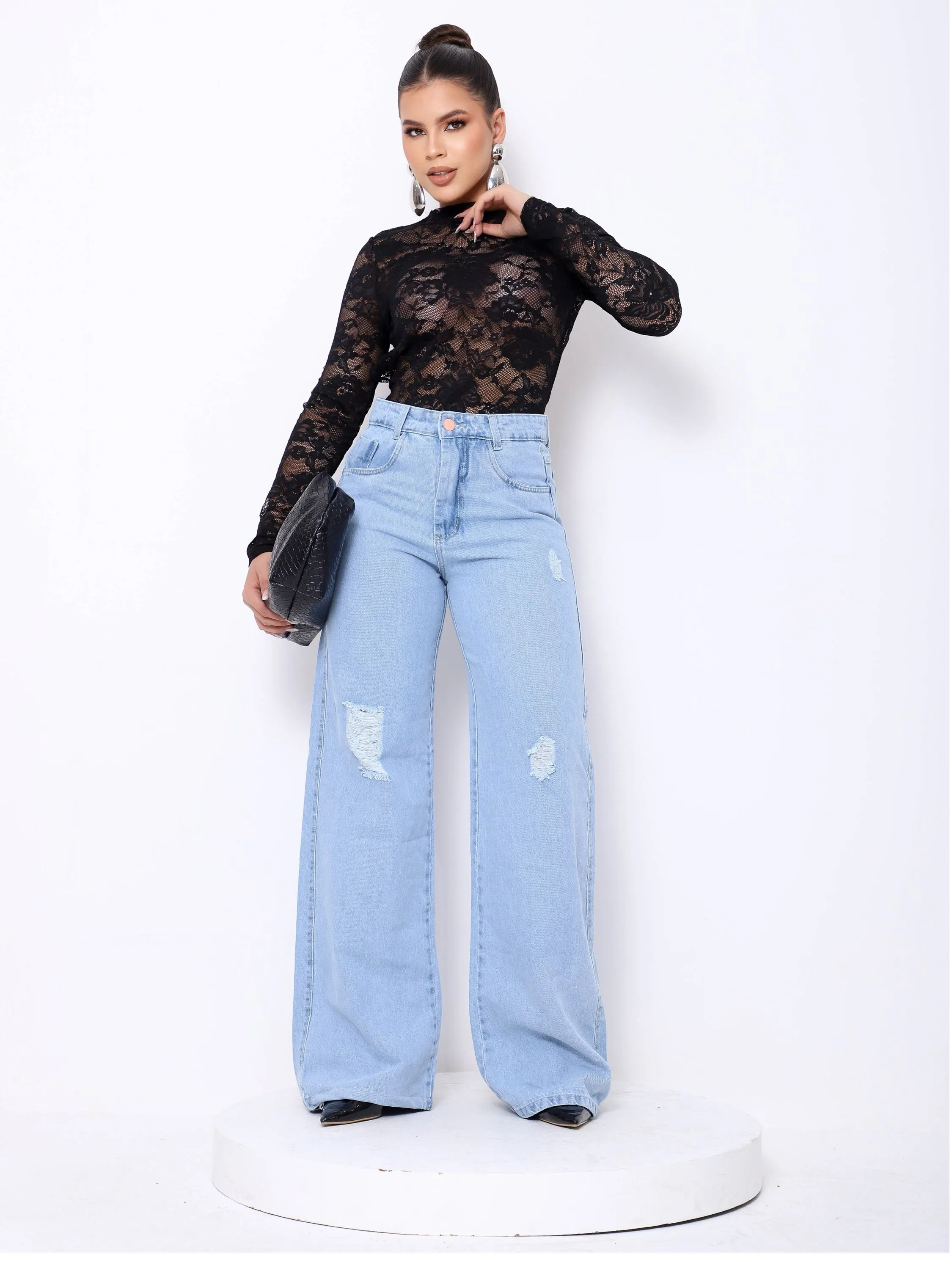 Calça wide leg jeans feminina