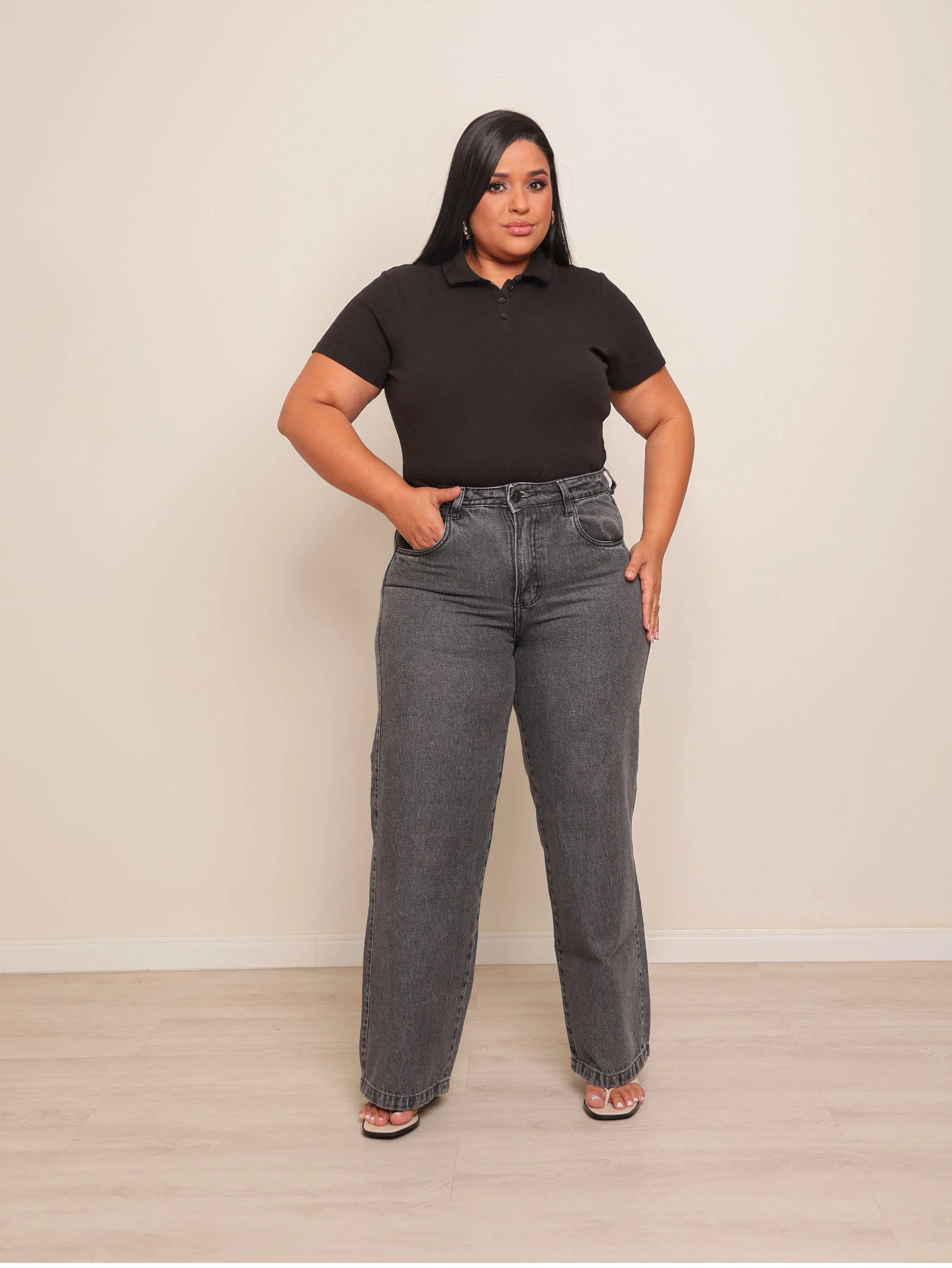 Calça wide leg jeans feminina plus size