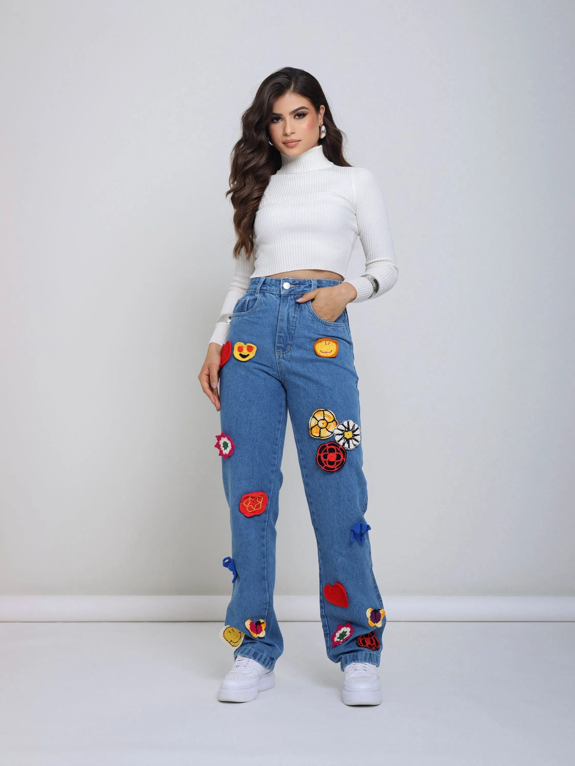 Calça wide leg jeans croche feminina