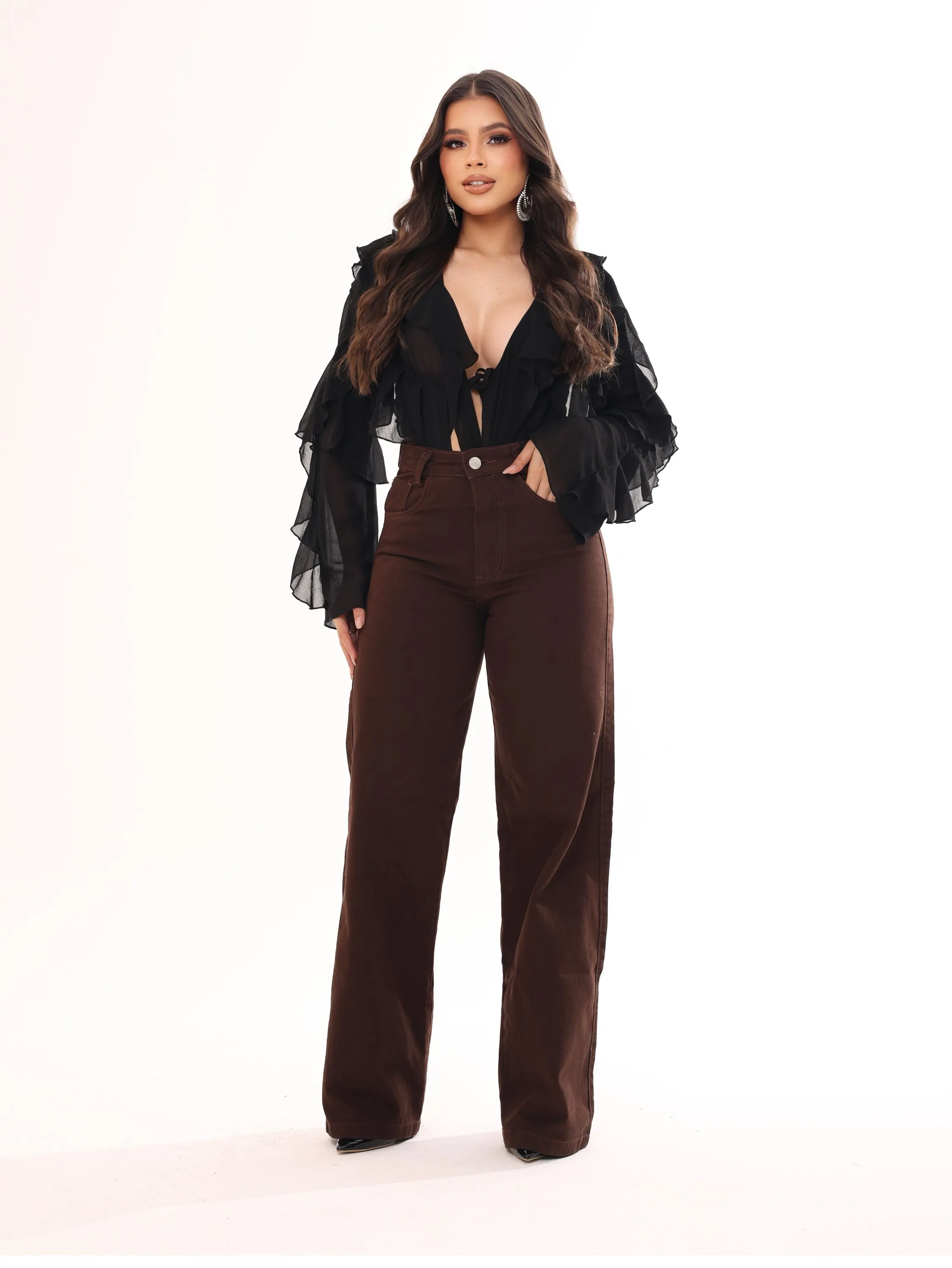 Calça wide leg jeans feminina