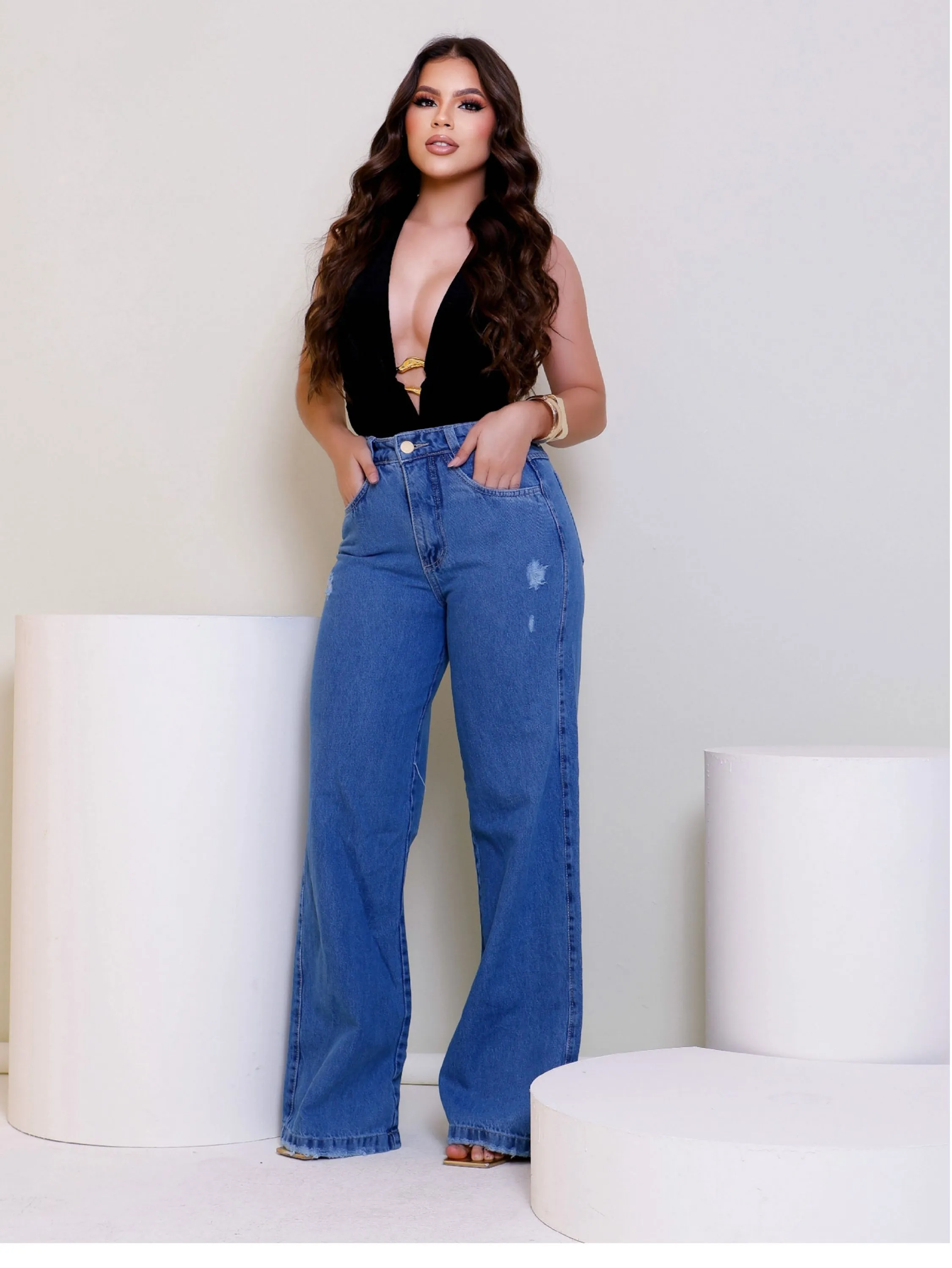 Calça wide leg jeans feminina