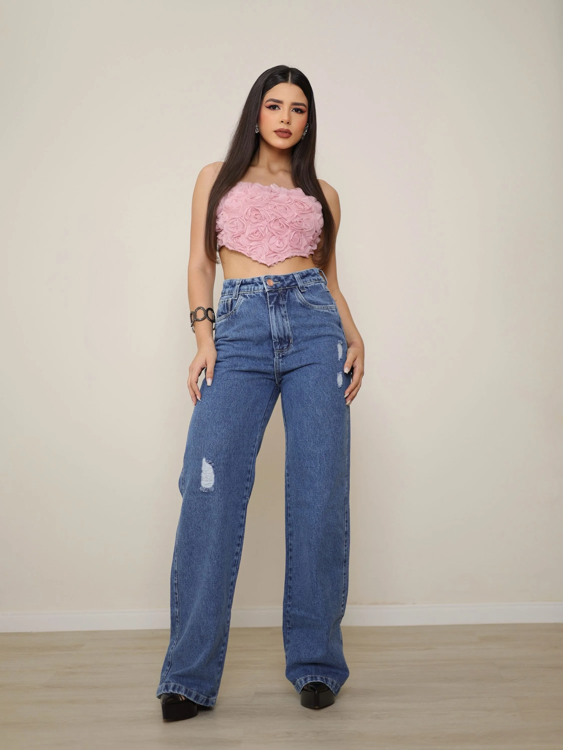 Calça wide leg jeans feminina