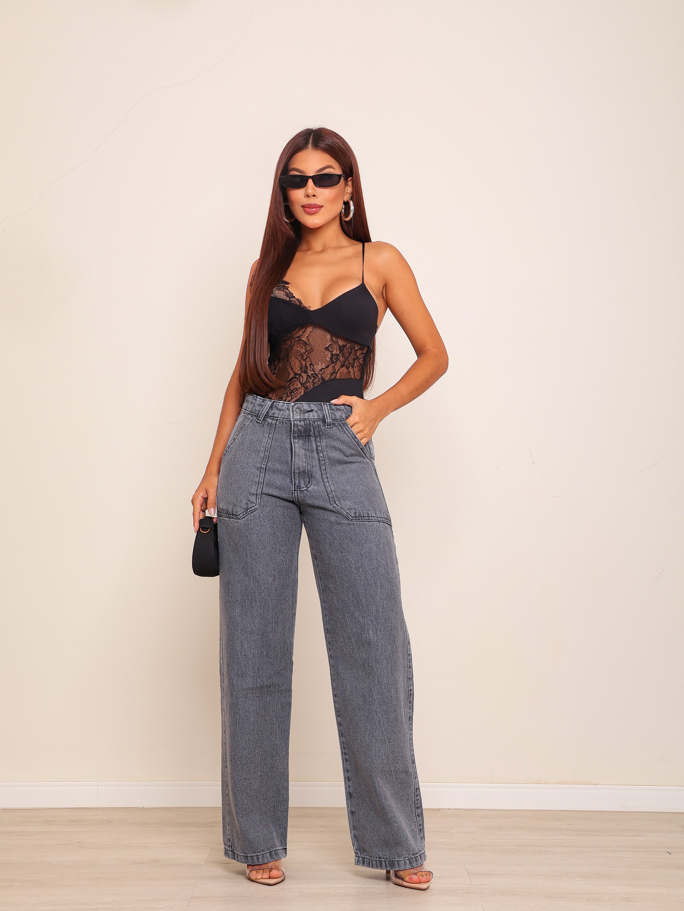 Calça wide leg jeans feminina