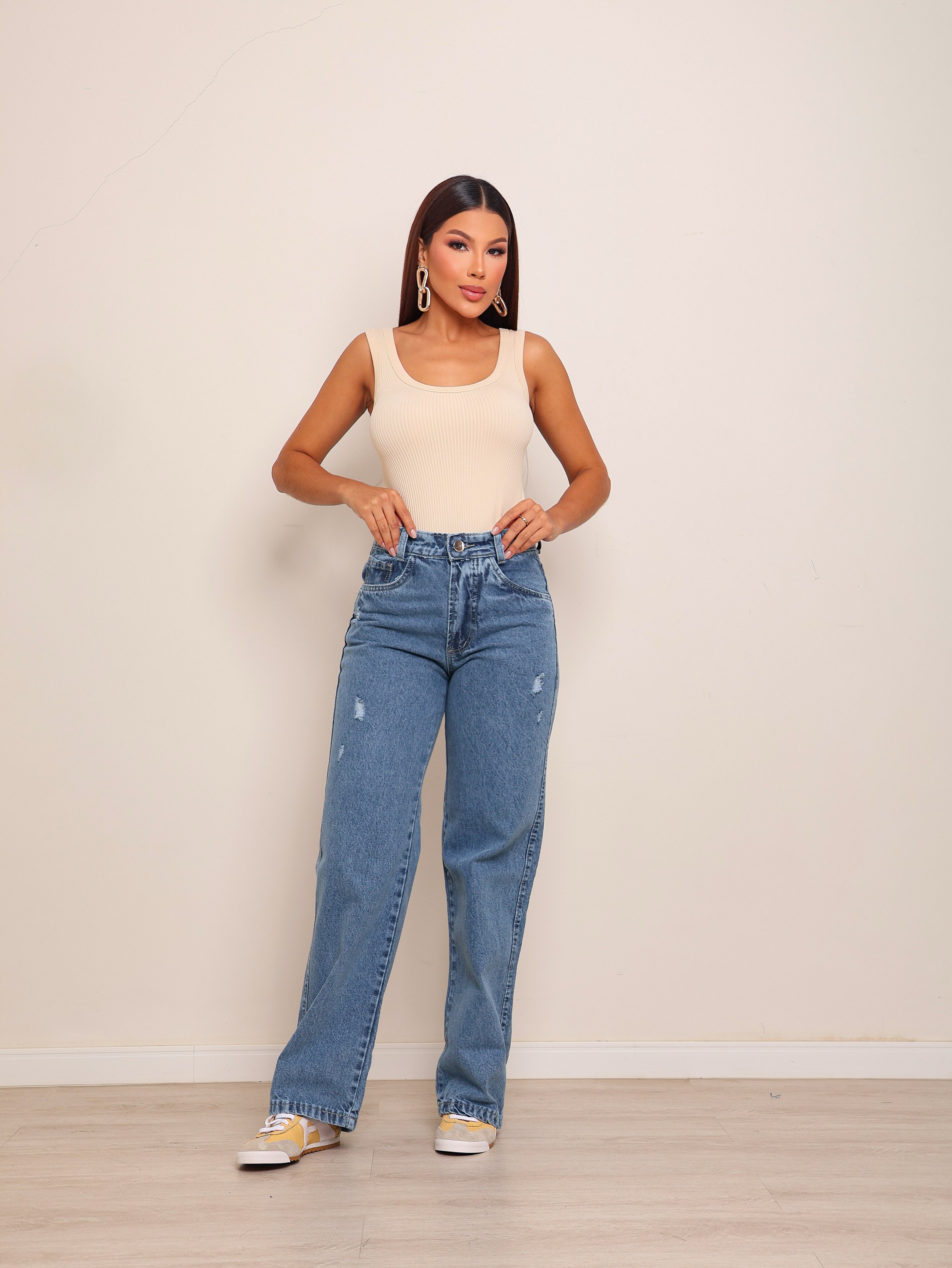 Calça wide leg jeans feminina