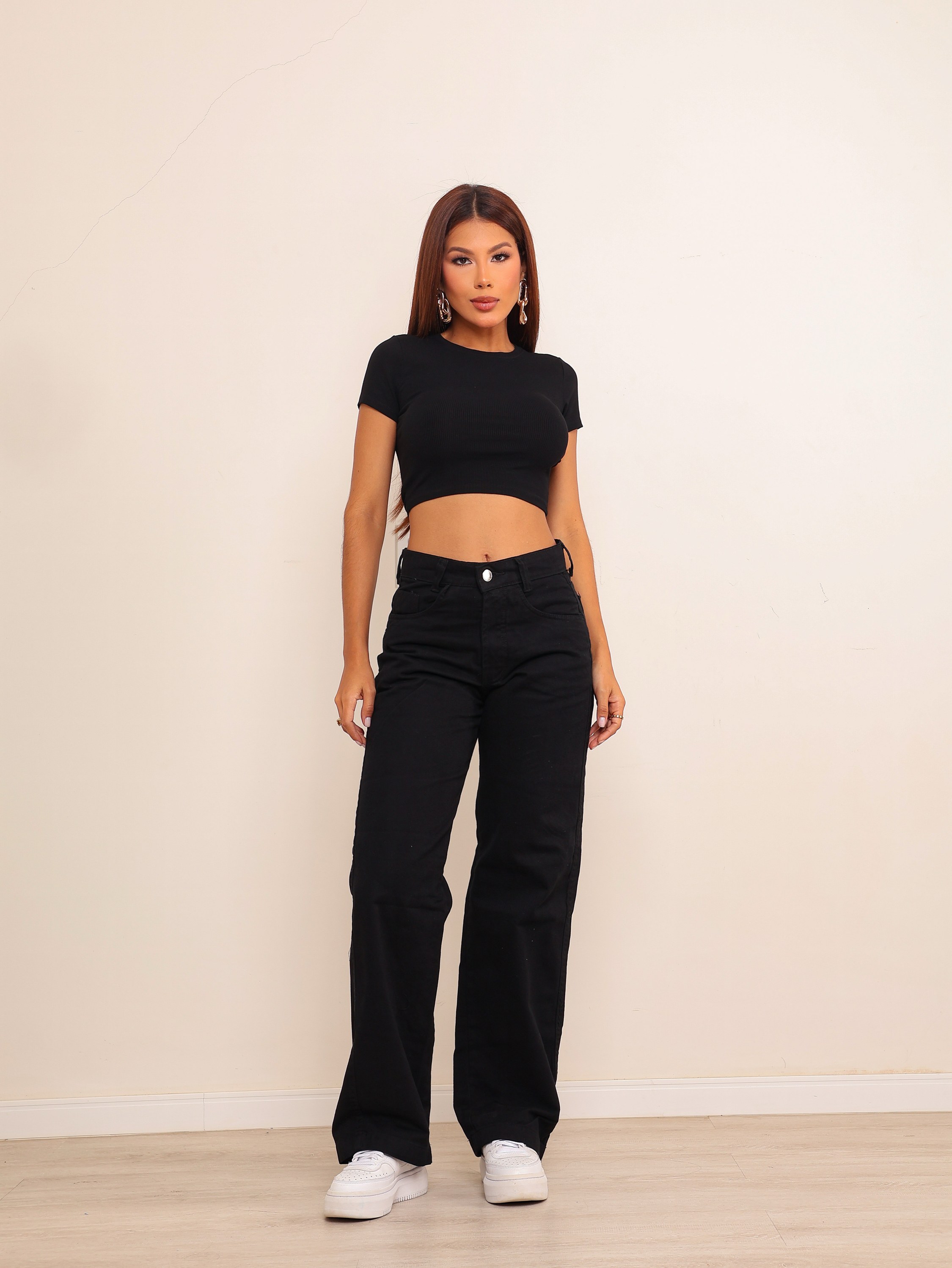 Calça wide leg jeans feminina