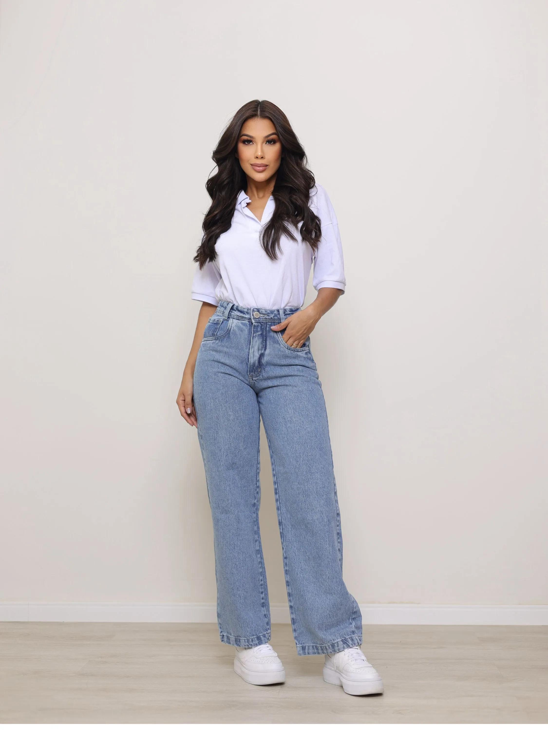 Calça wide leg jeans feminina