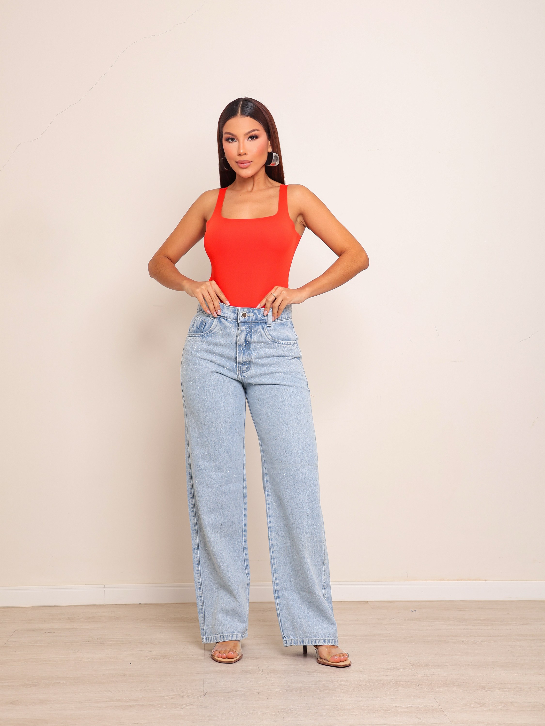 Calça wide leg jeans feminina de strass