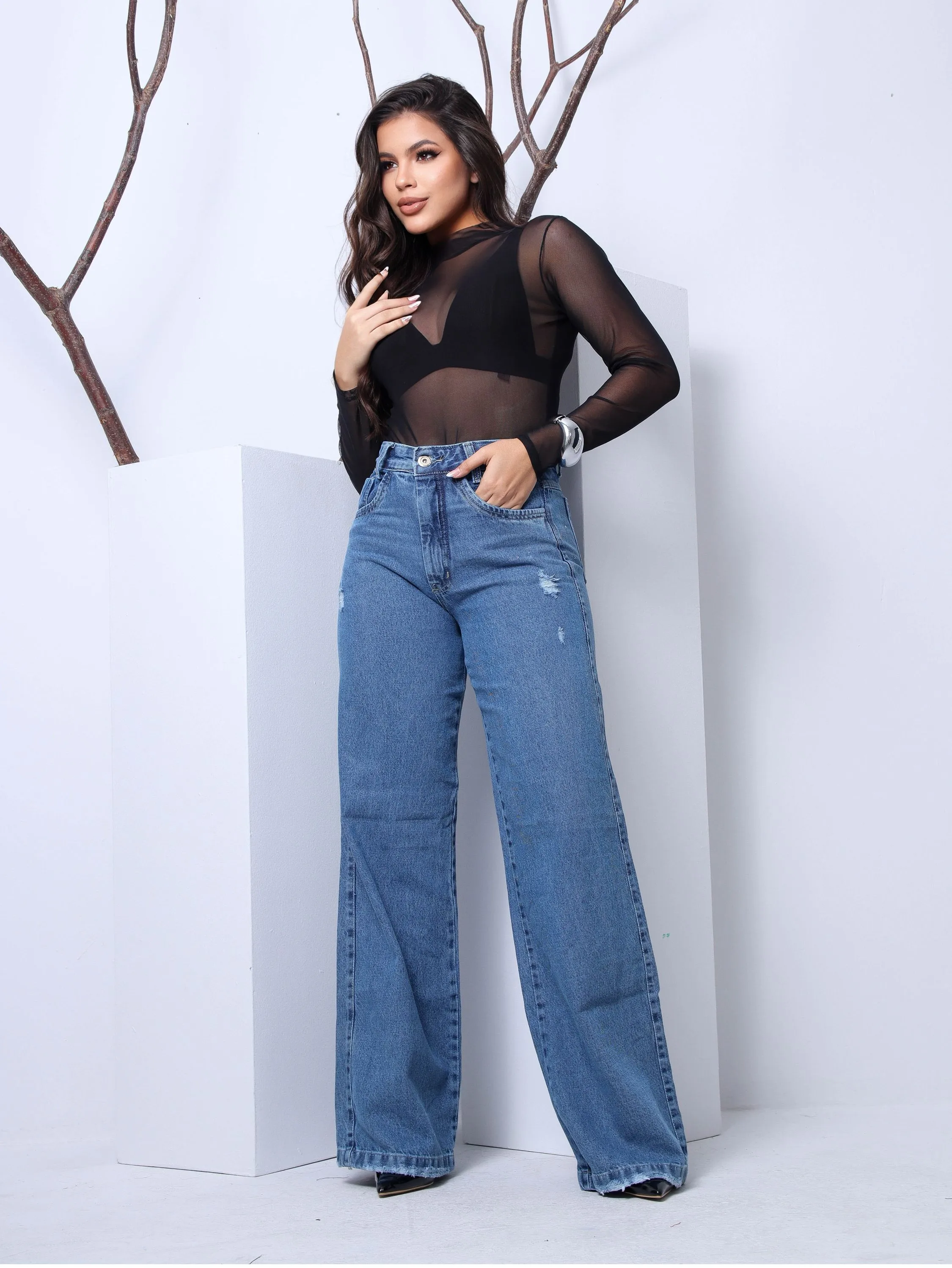 Calça wide leg jeans feminina