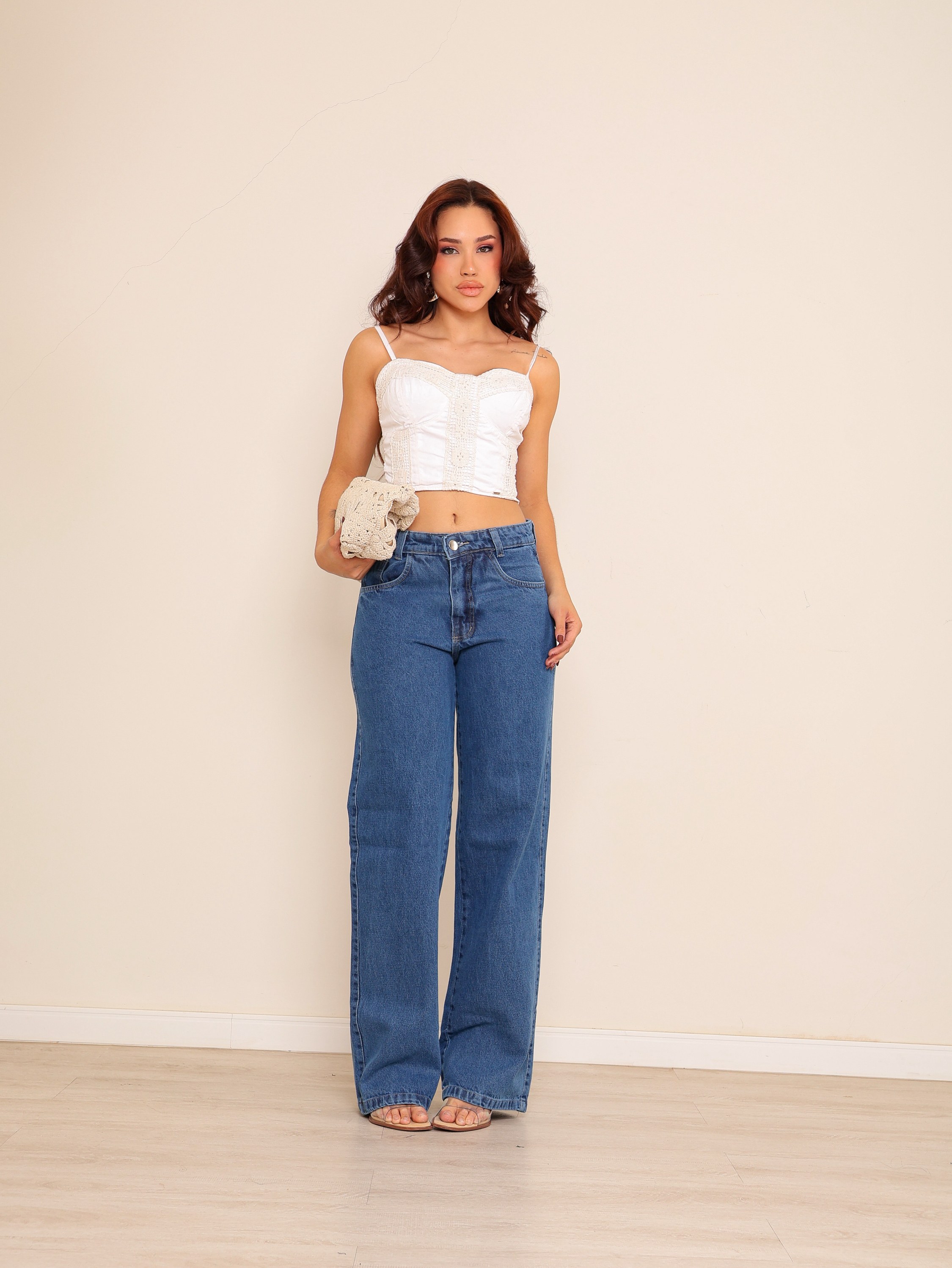 Calça wide leg jeans feminina
