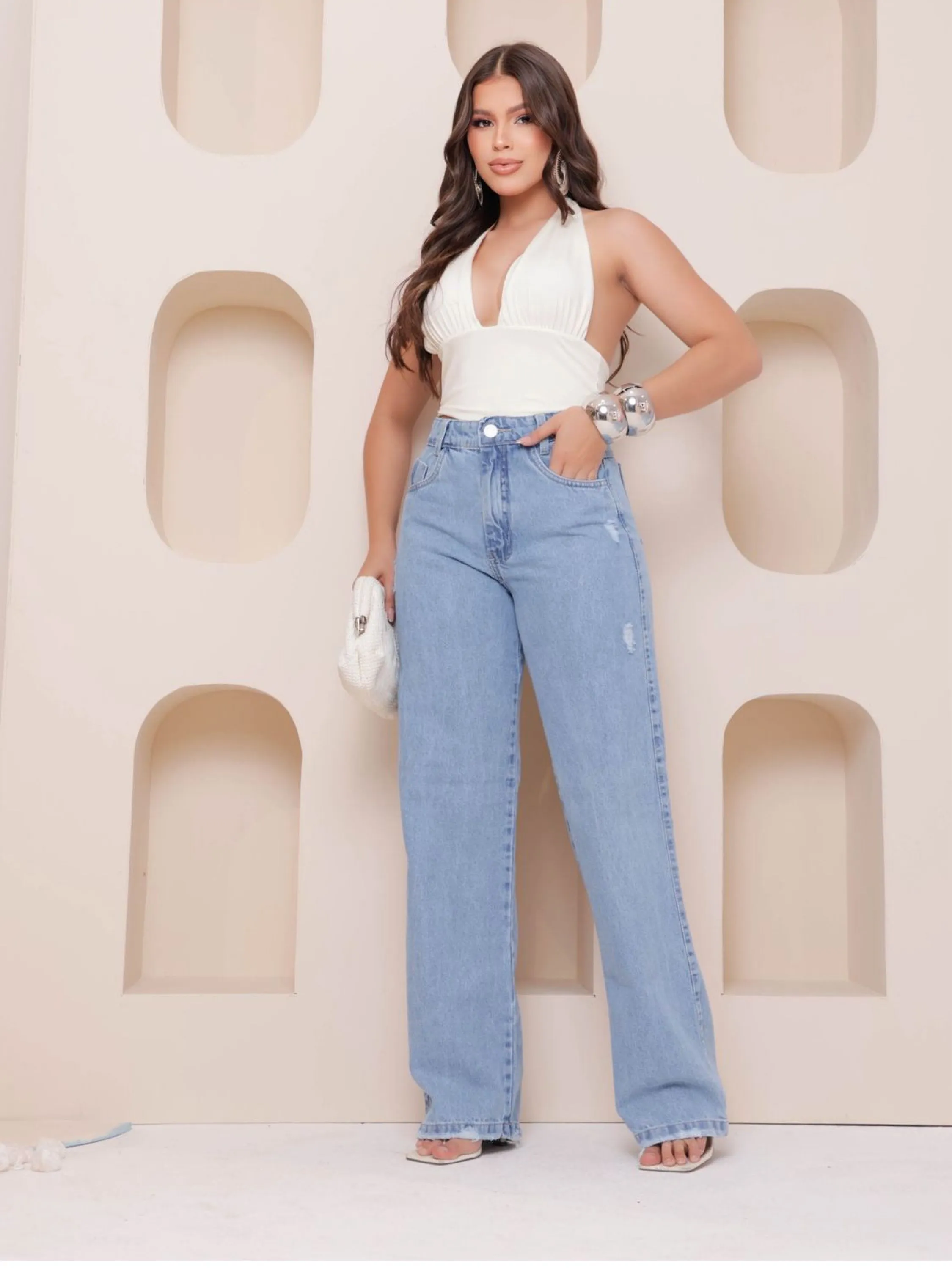 Calça wide leg jeans feminina