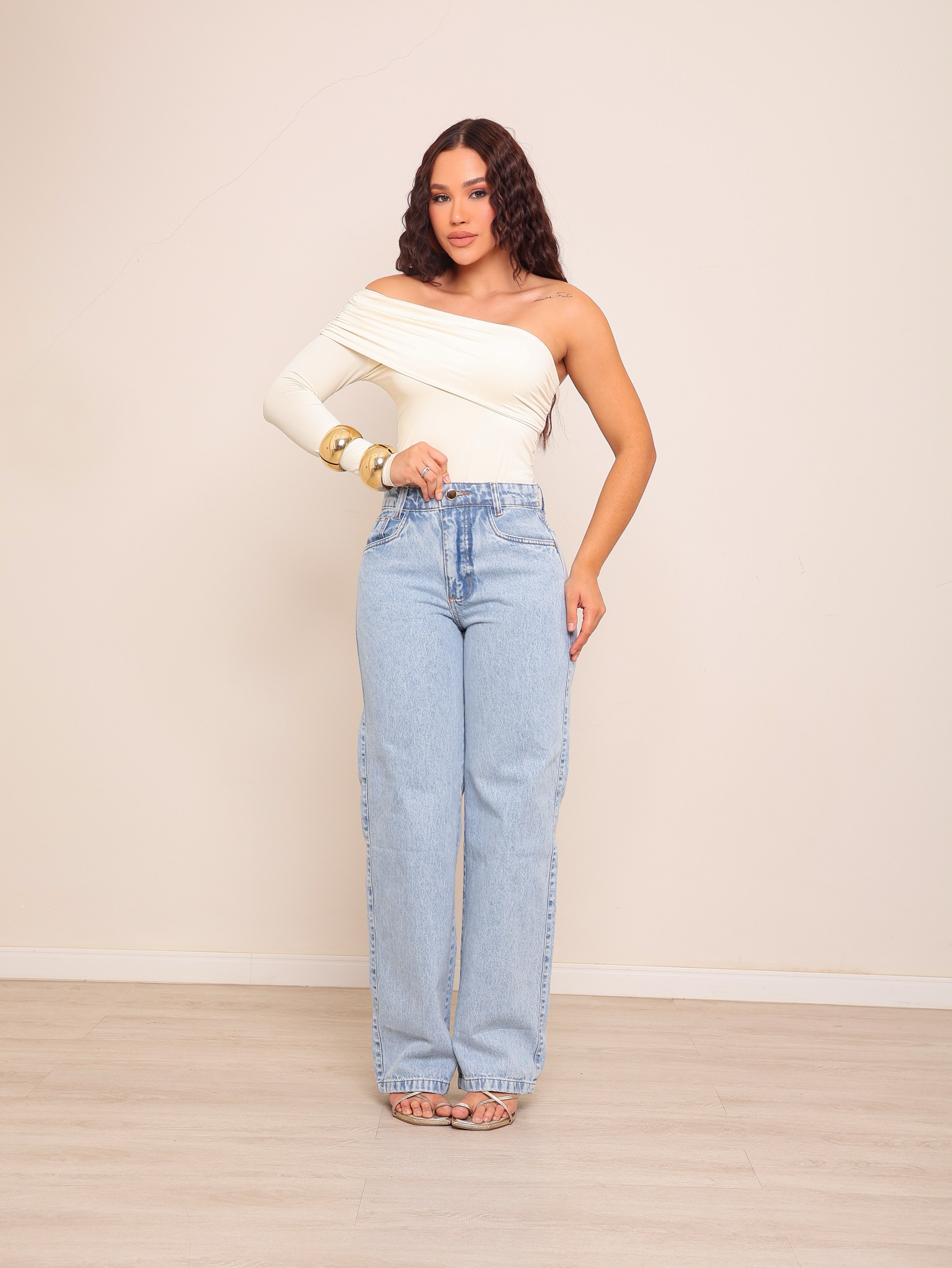 Calça wide leg jeans feminina