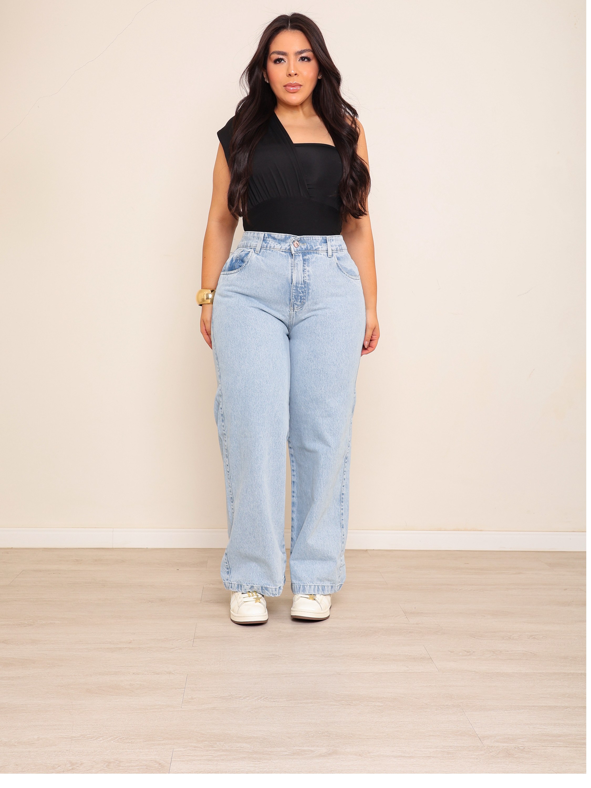Calça wide leg jeans feminina plus size
