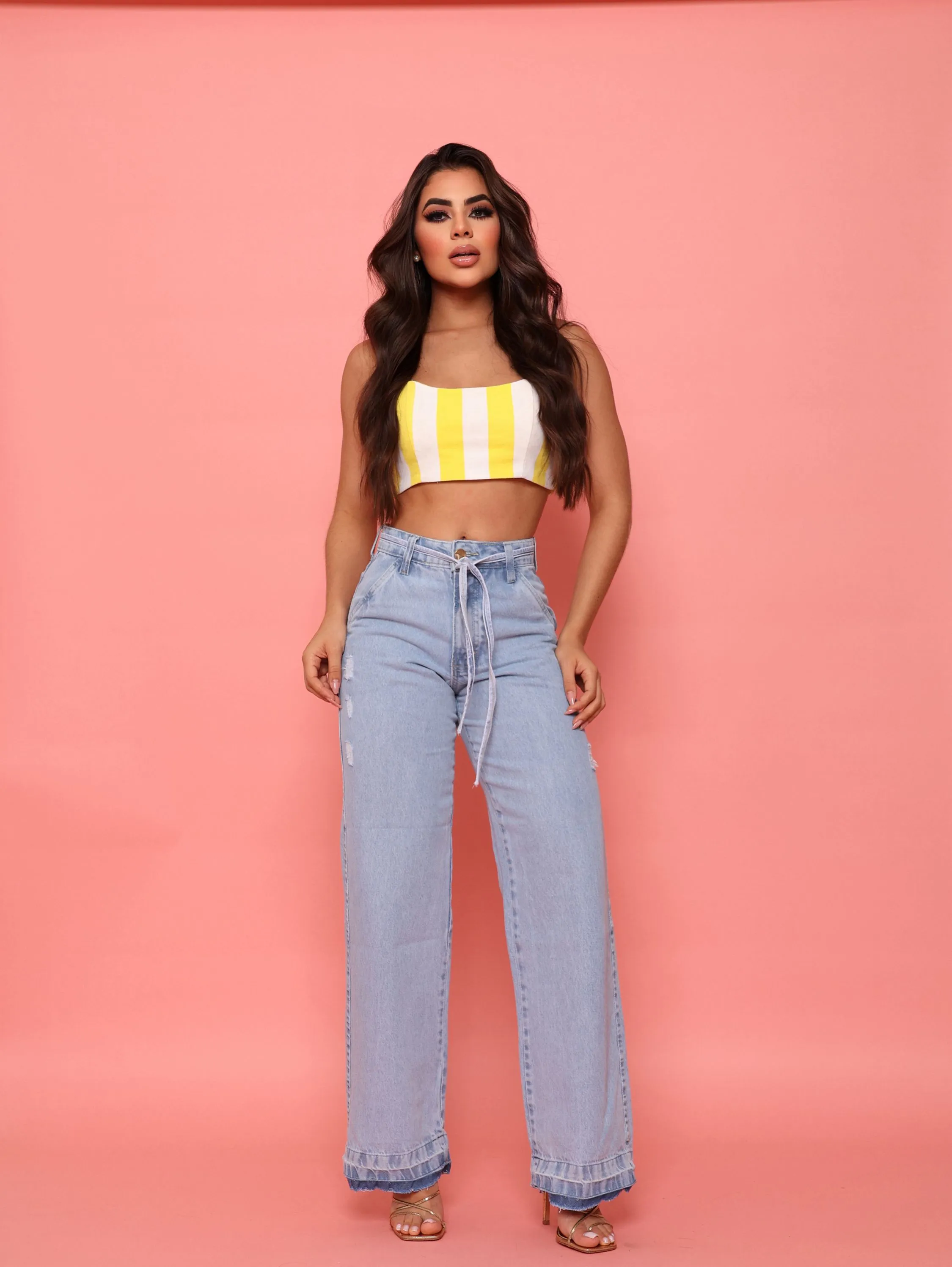 Calça wide leg jeans feminina