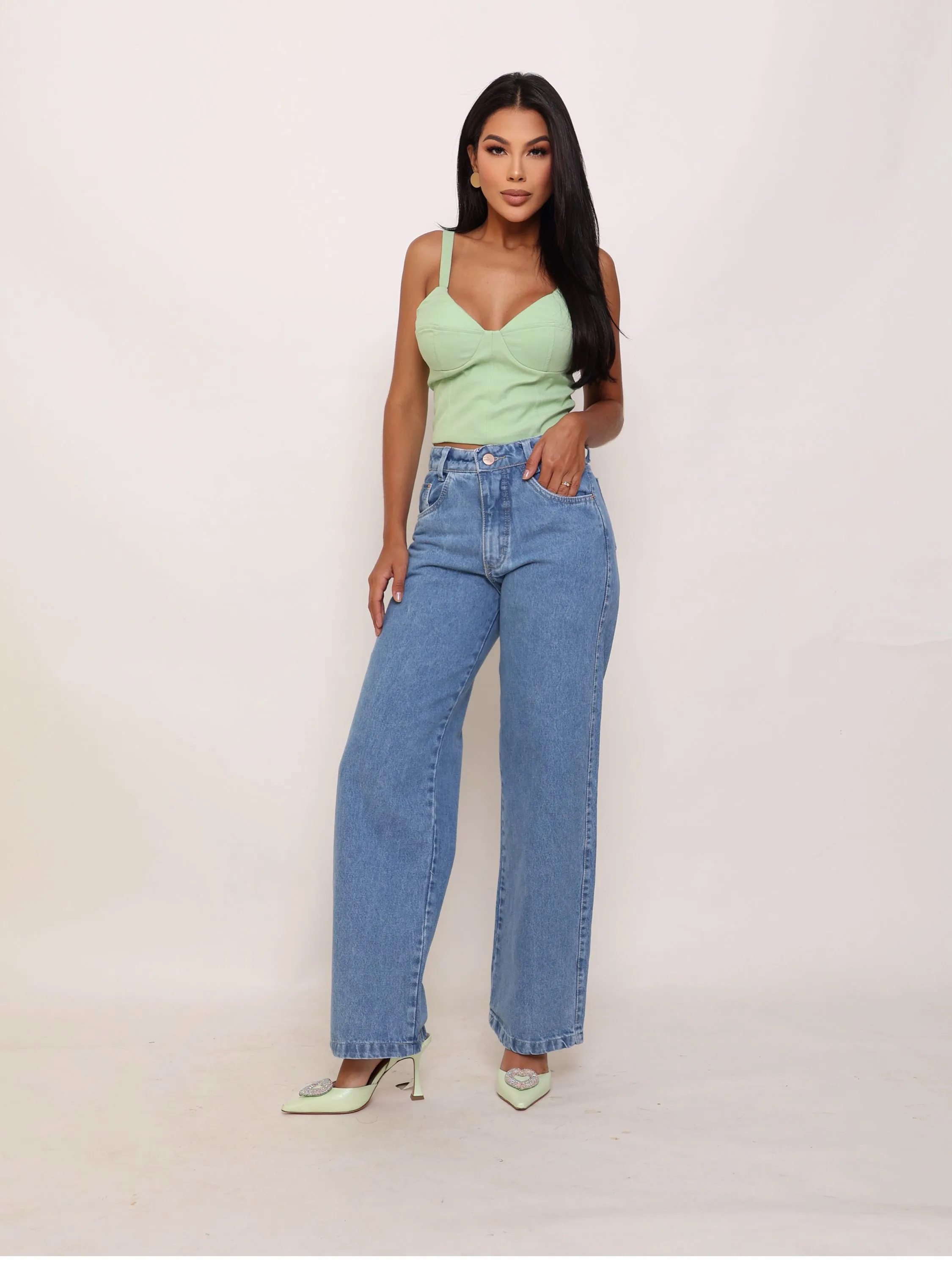 Calça wide leg jeans feminina