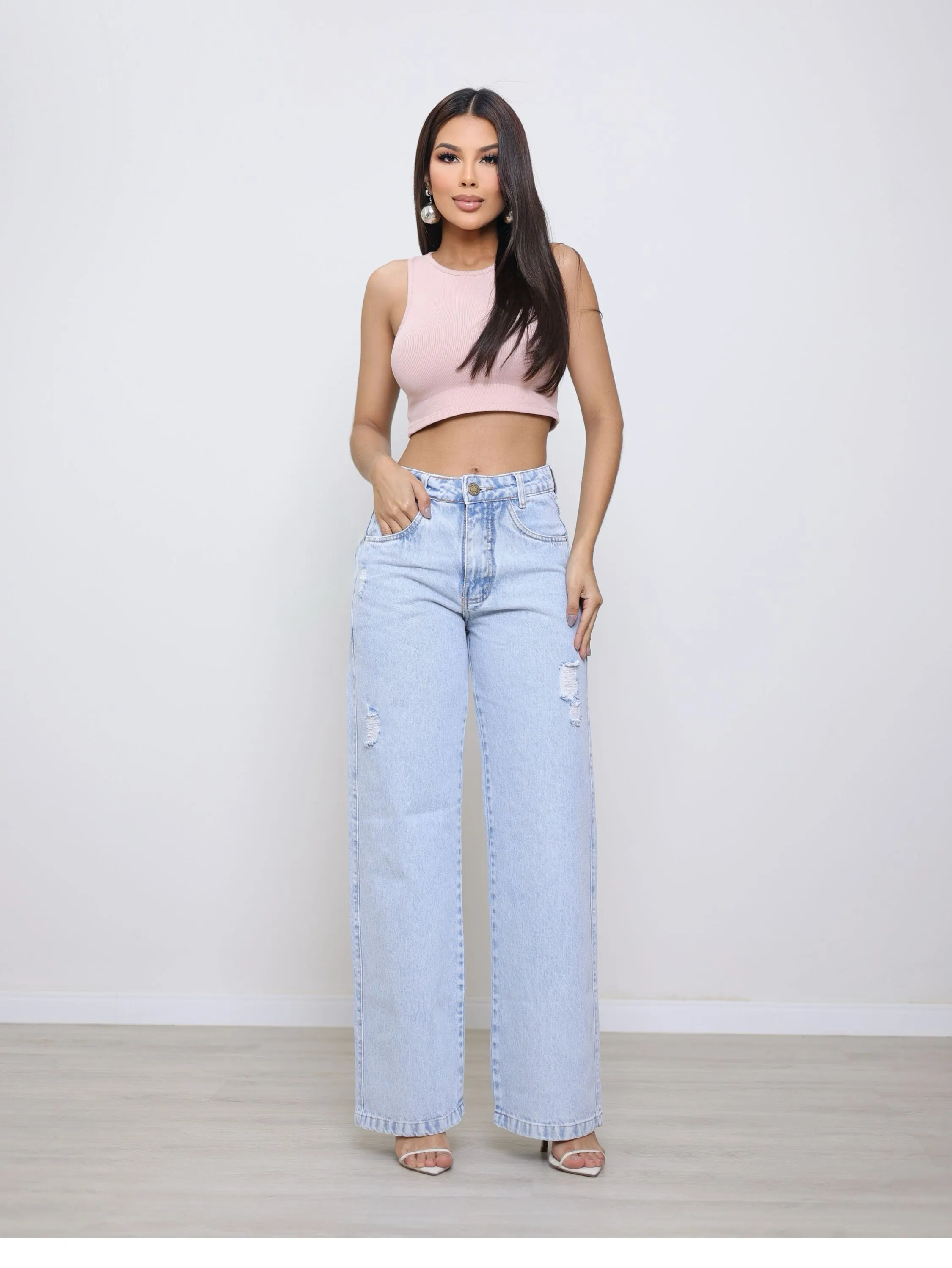 Calça wide leg jeans feminina