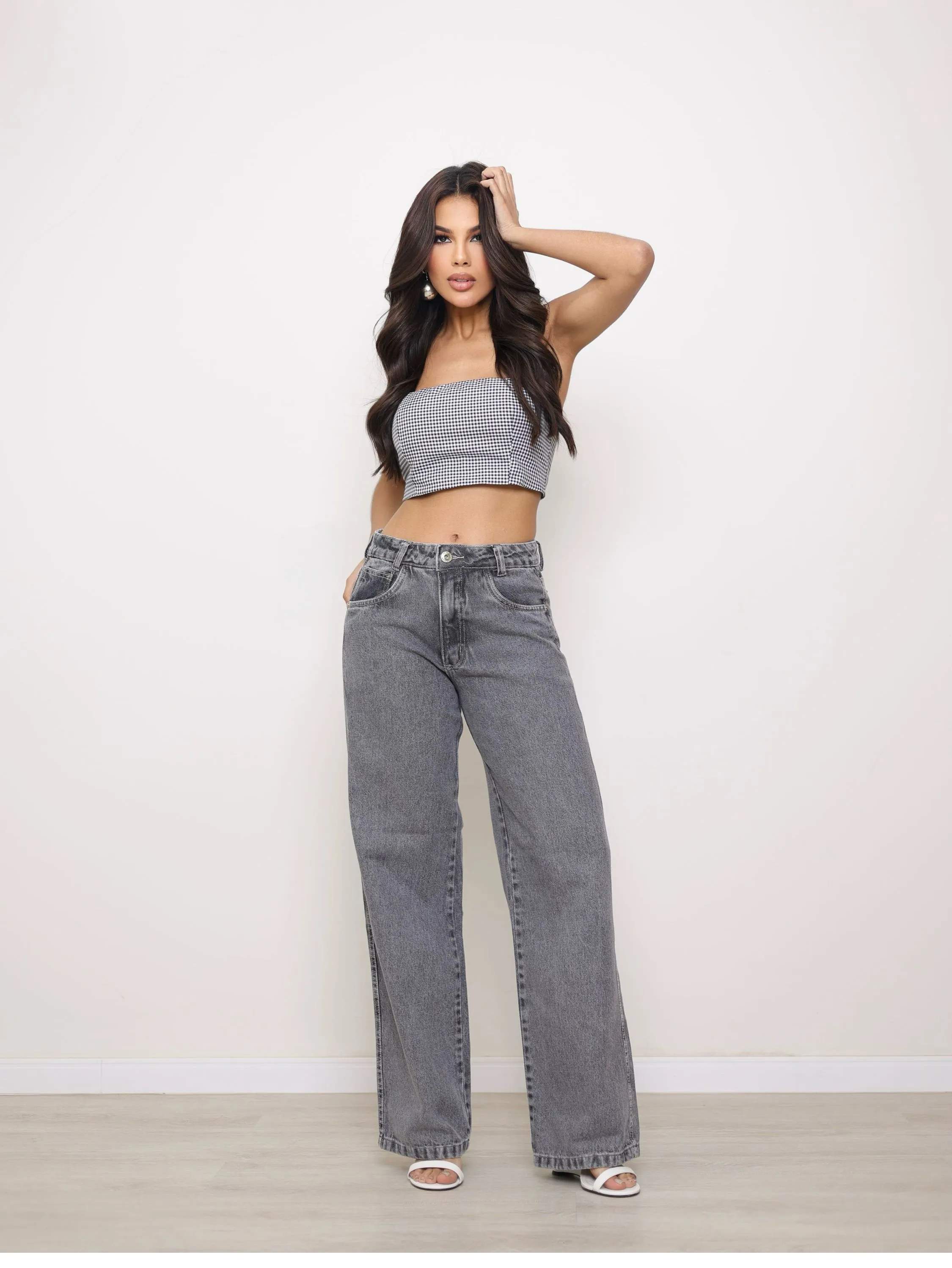 Calça wide leg jeans feminina