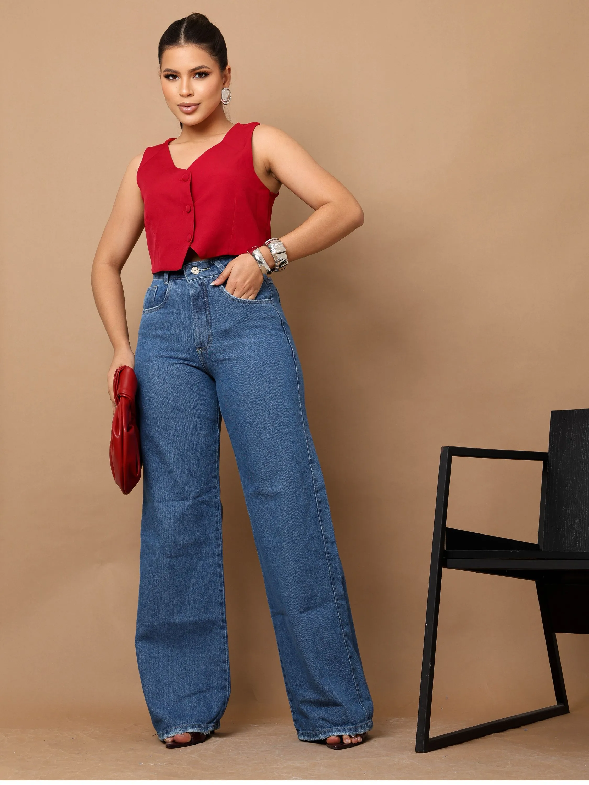 Calça wide leg jeans feminina