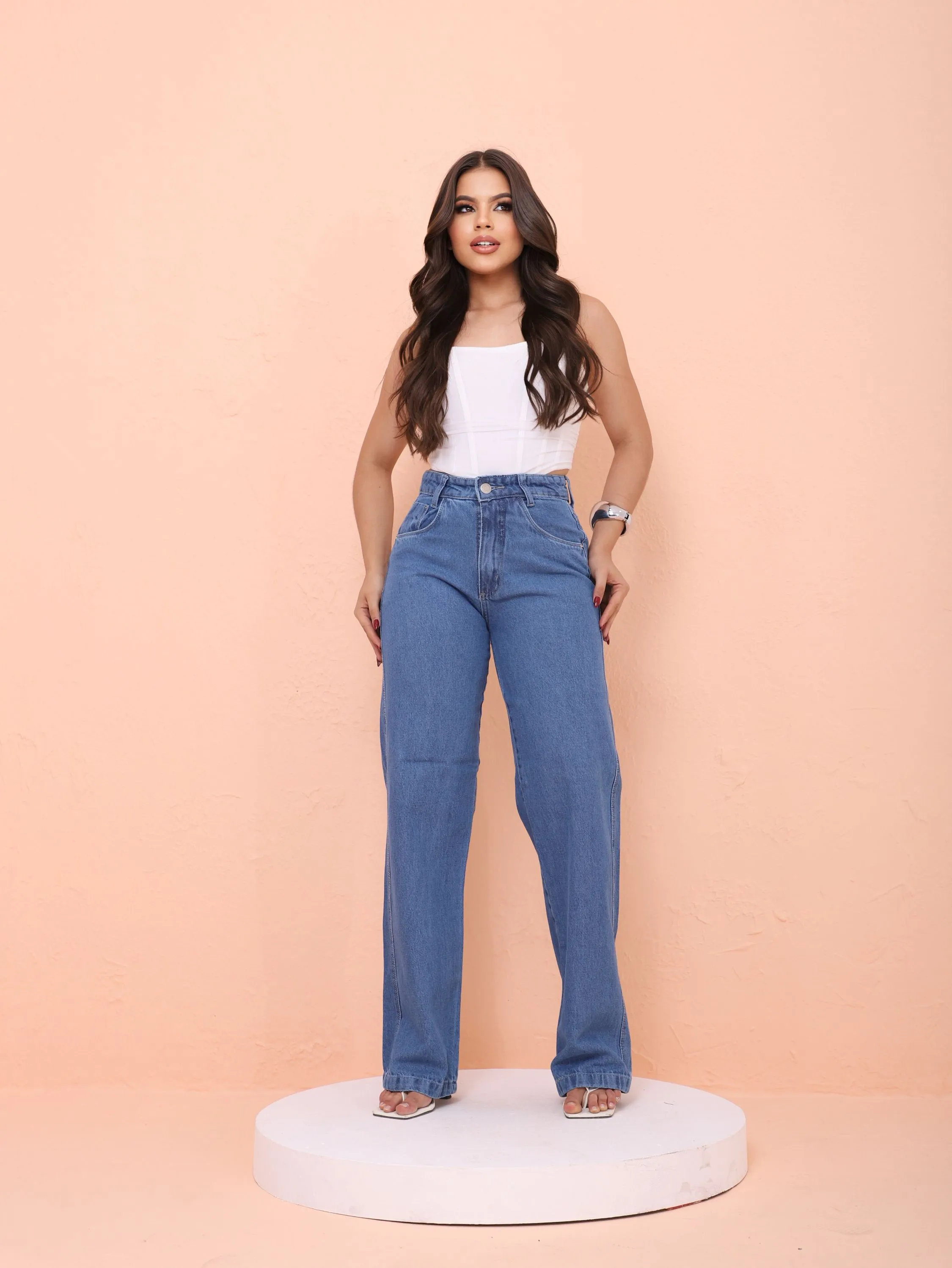 Calça wide leg jeans feminina