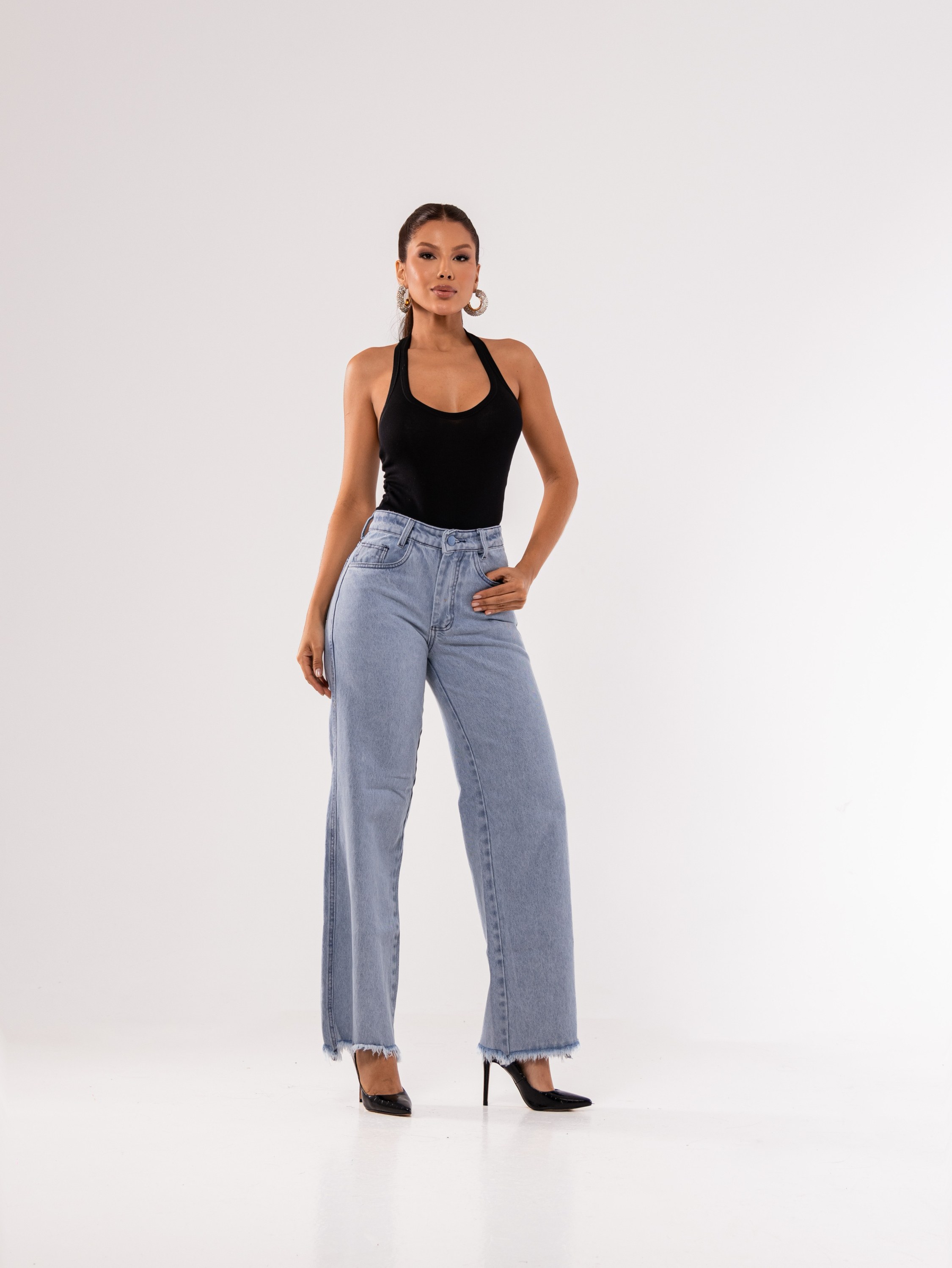 Calça wide leg jeans feminina