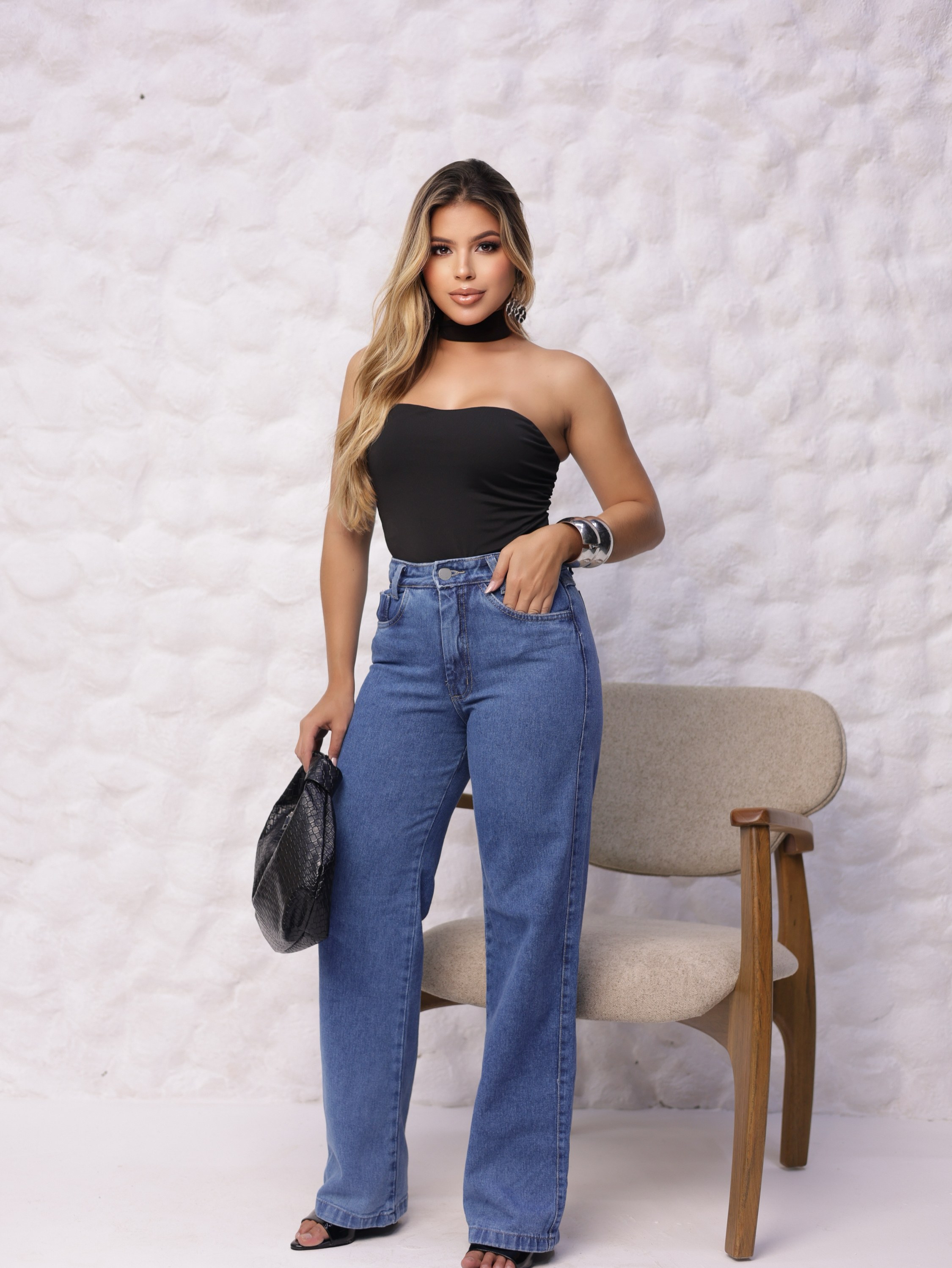 Calça wide leg jeans feminina