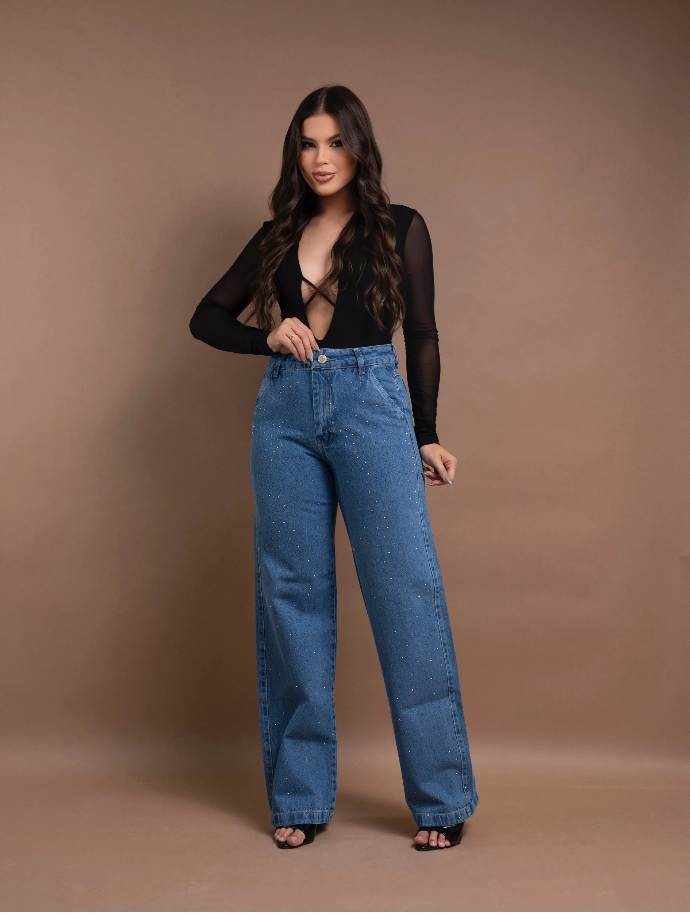 Calça wide leg jeans feminina de strass