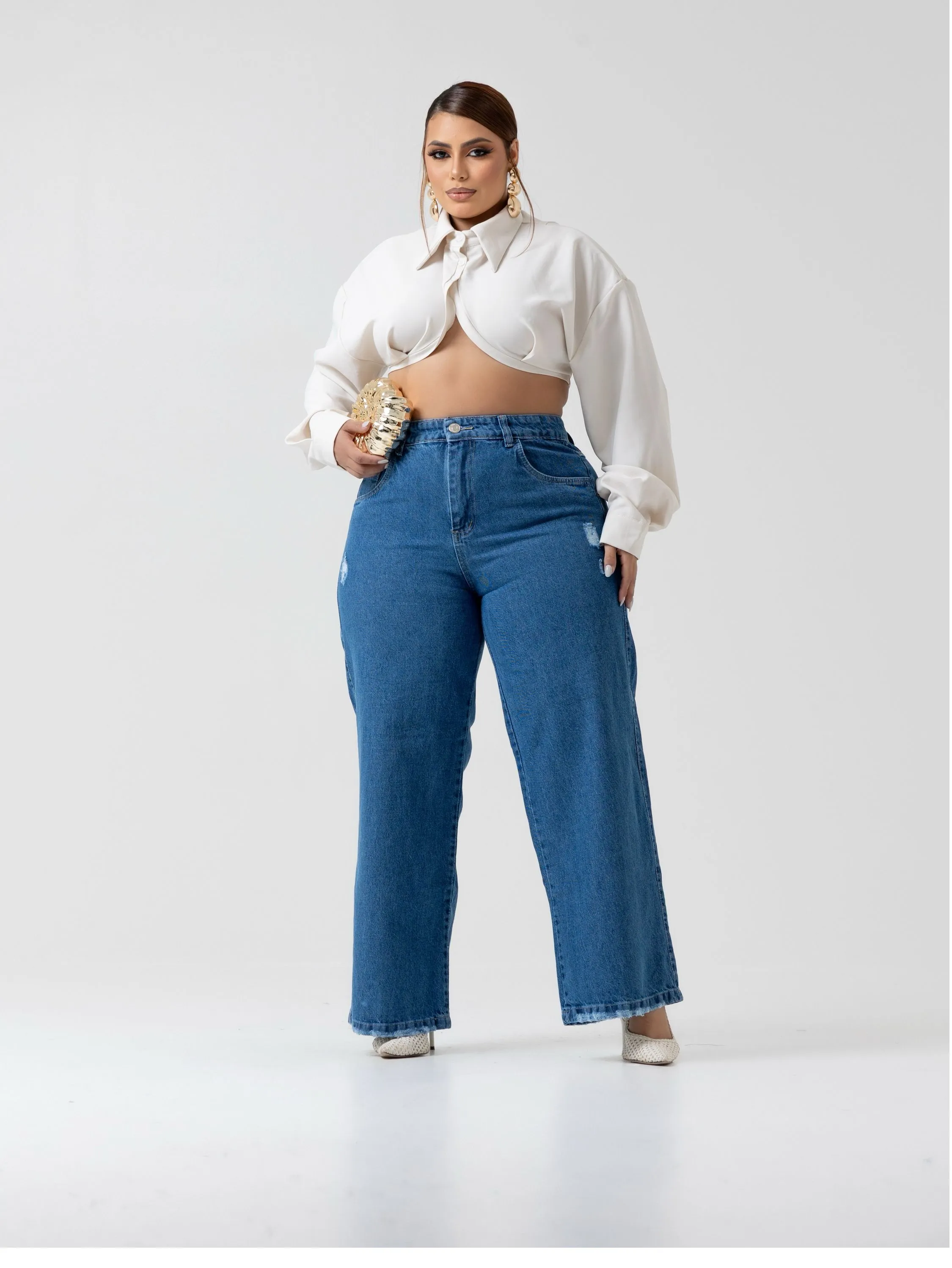 Calça wide leg jeans feminina plus size