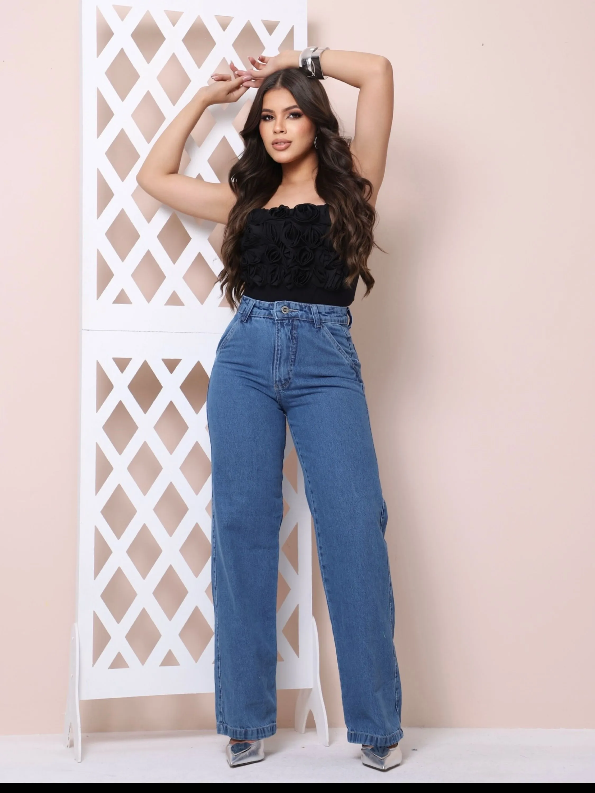 Calça wide leg jeans feminina