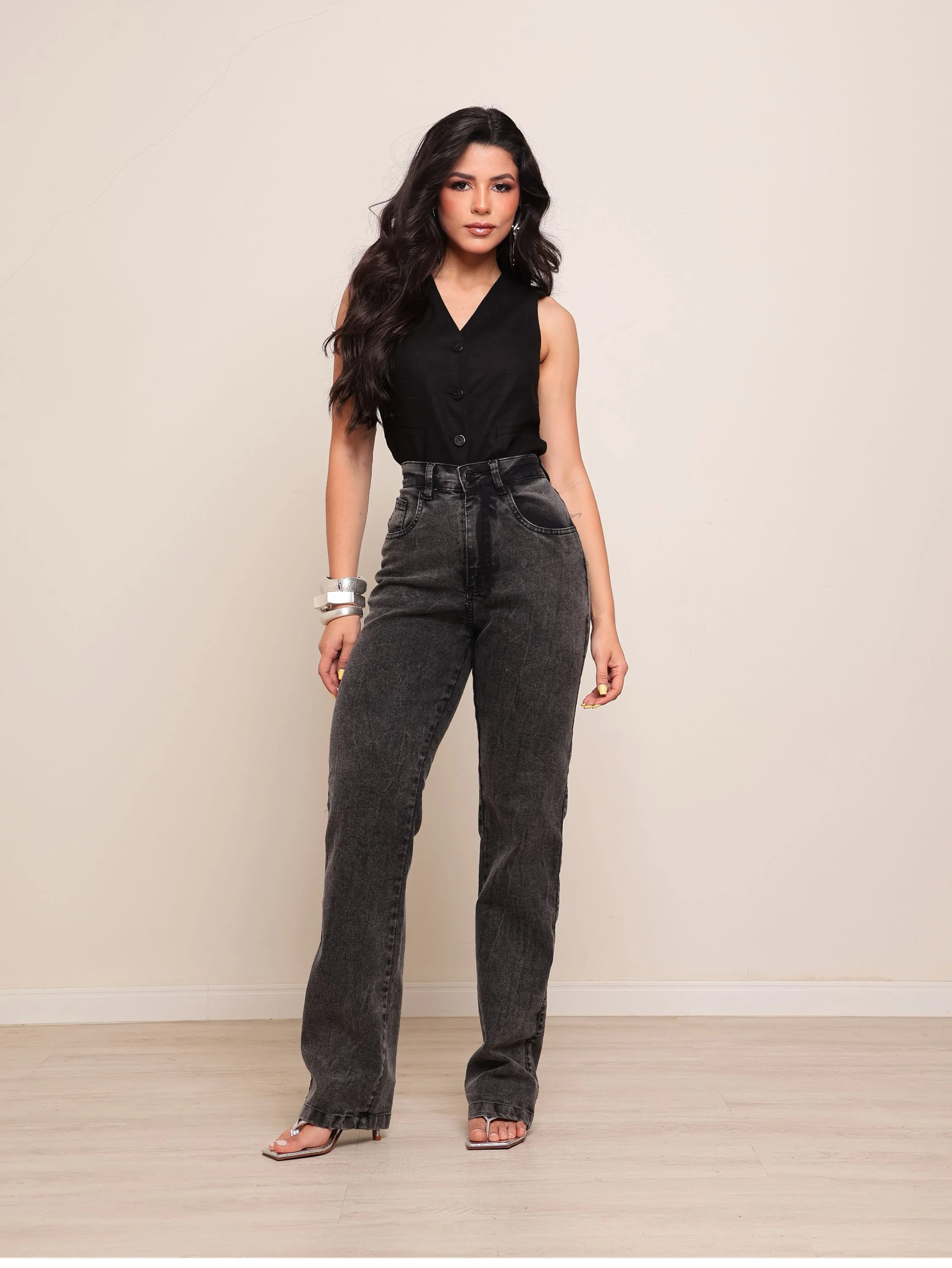 Calça wide leg jeans feminina com lycra