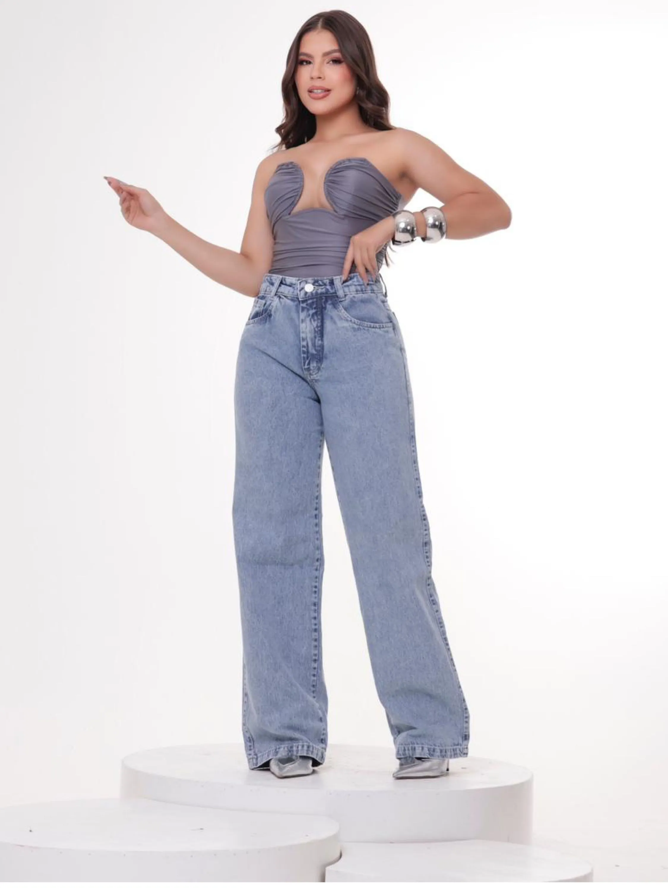 Calça wide leg jeans feminina