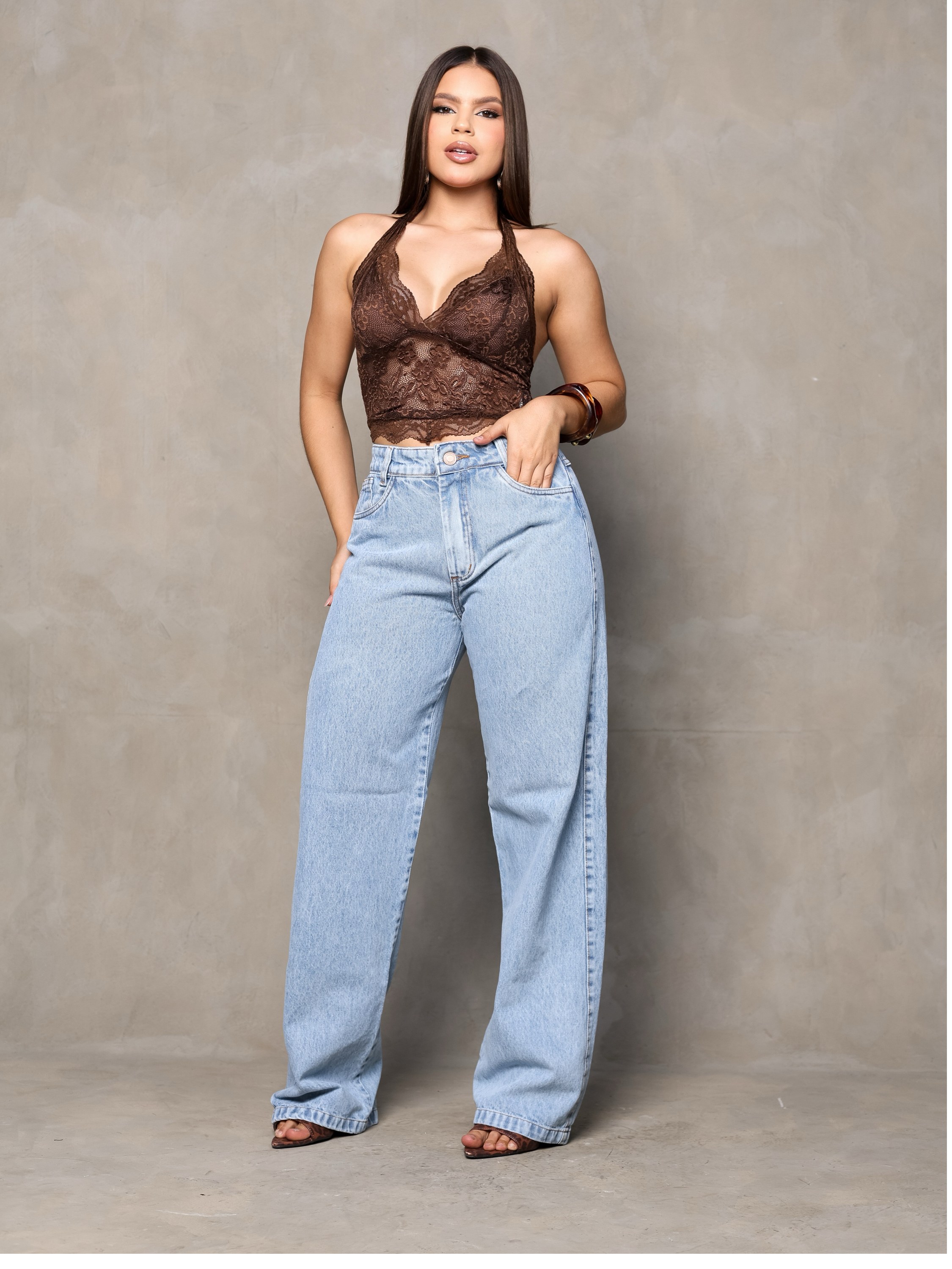 Calça wide leg jeans feminina