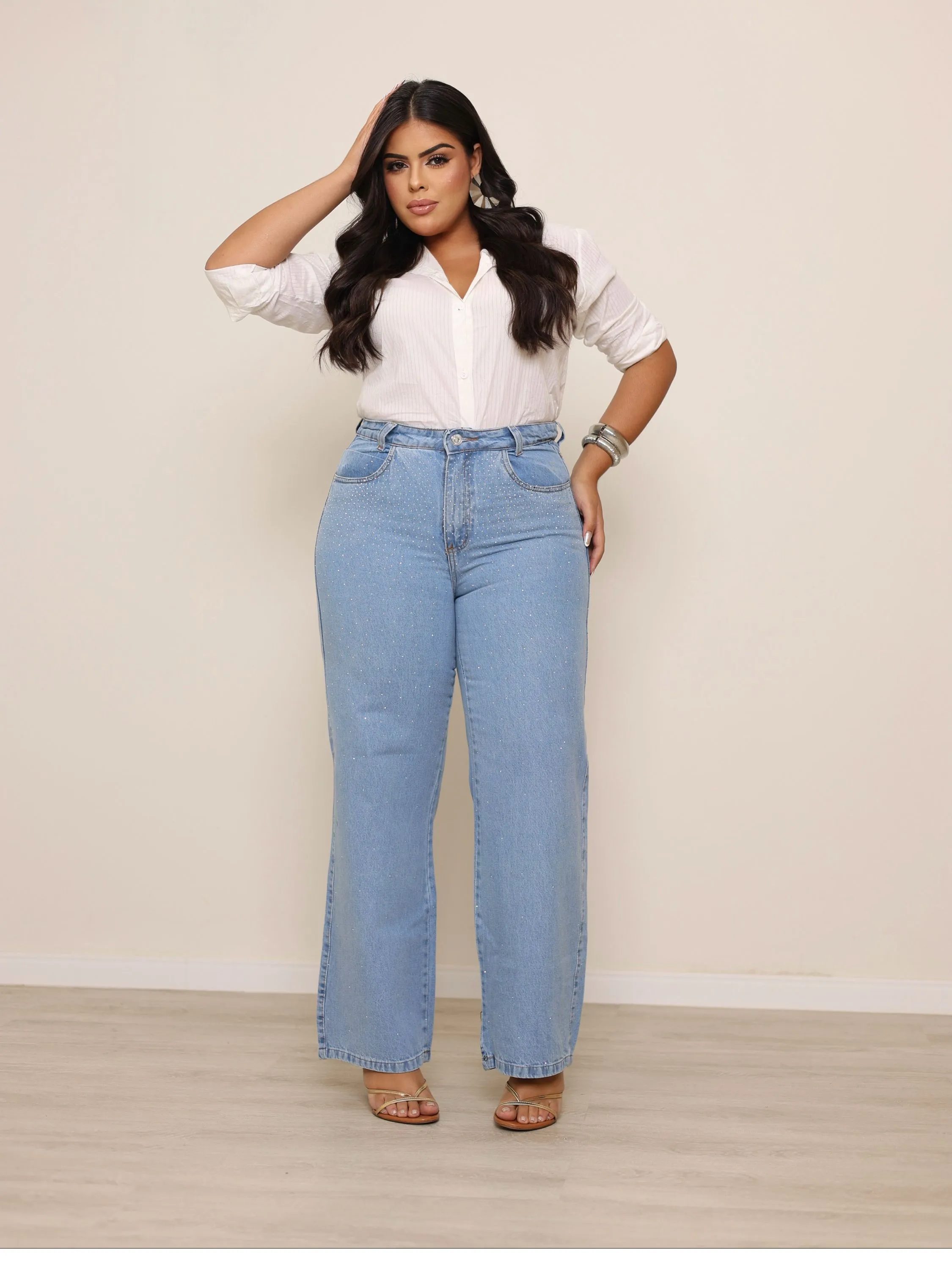 Calça wide leg jeans feminina plus size de strass