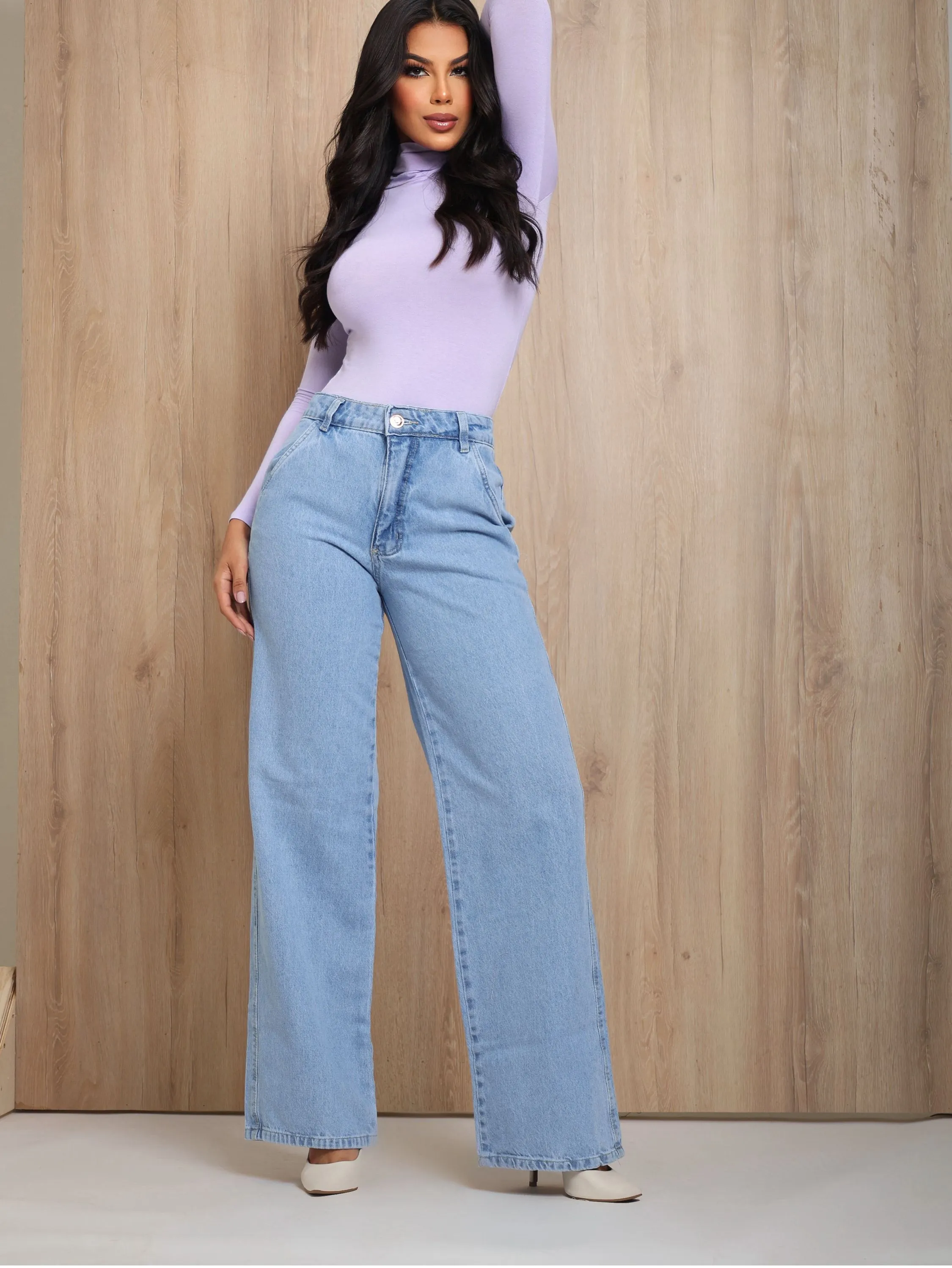 Calça wide leg jeans feminina