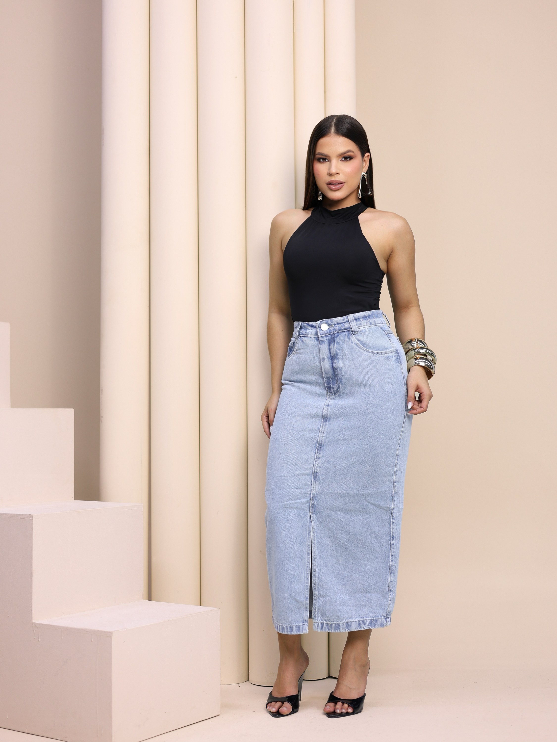 Saia jeans feminina longa