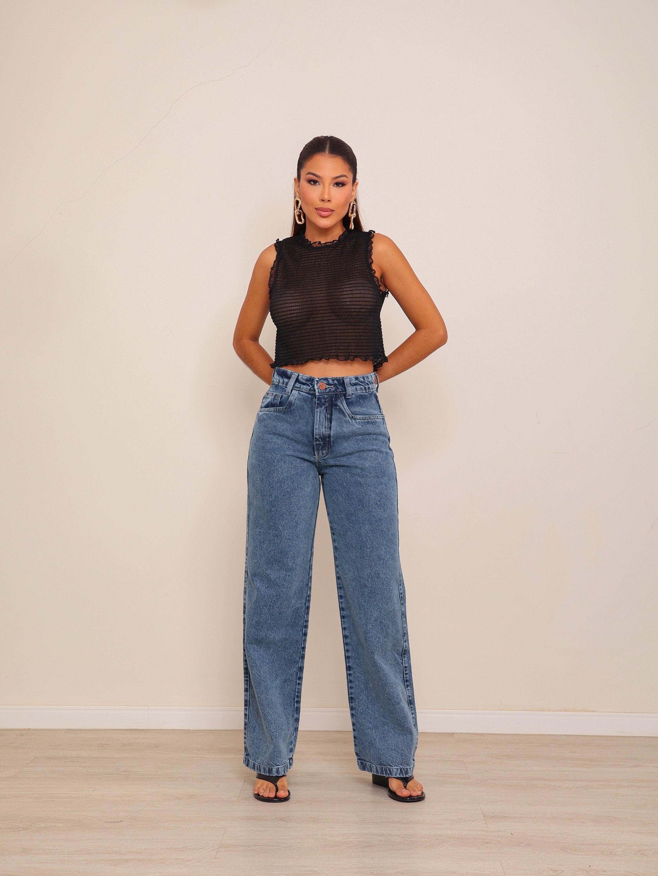 Calça wide leg jeans feminina