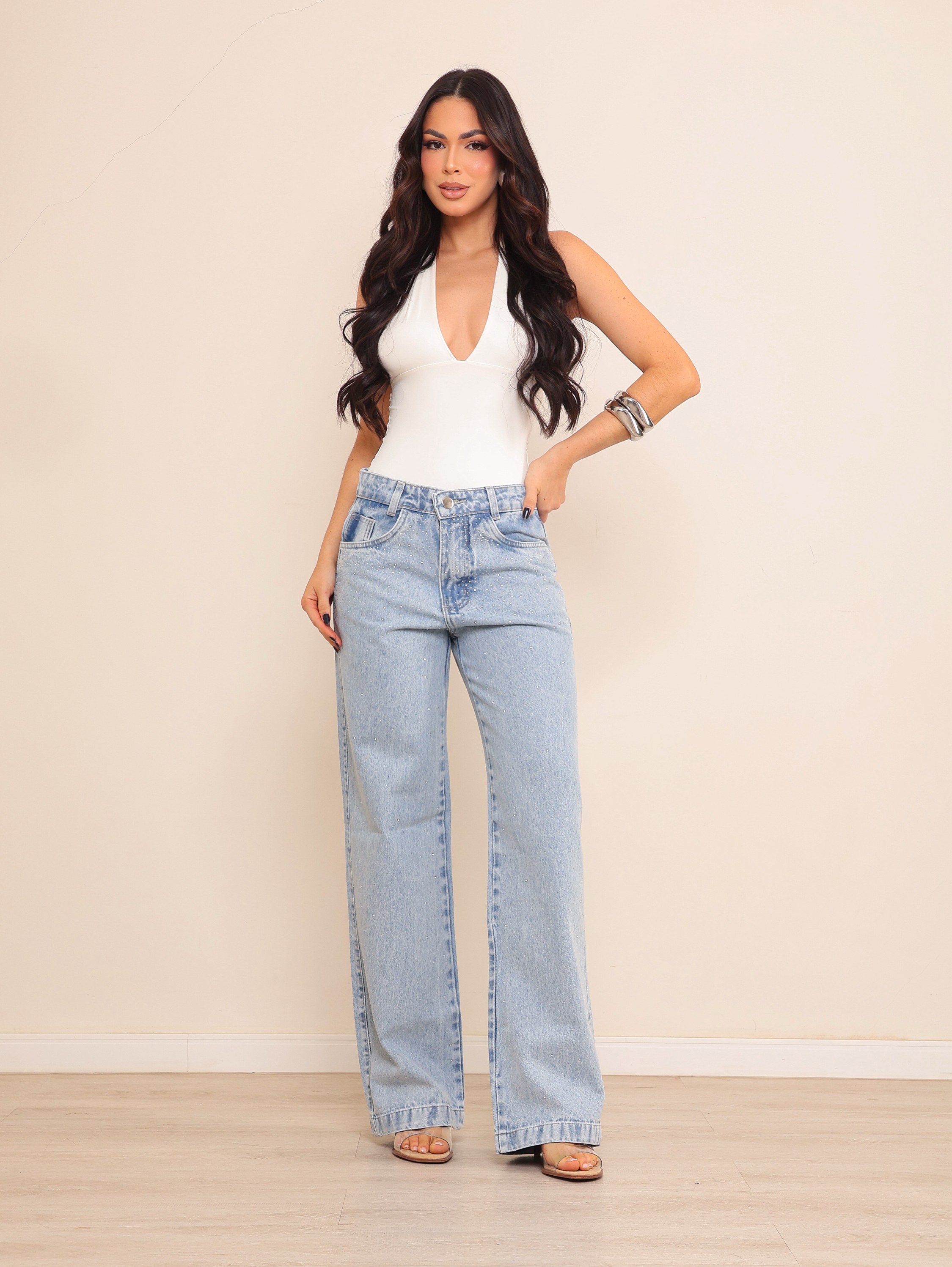 Calça wide leg jeans feminina de strass