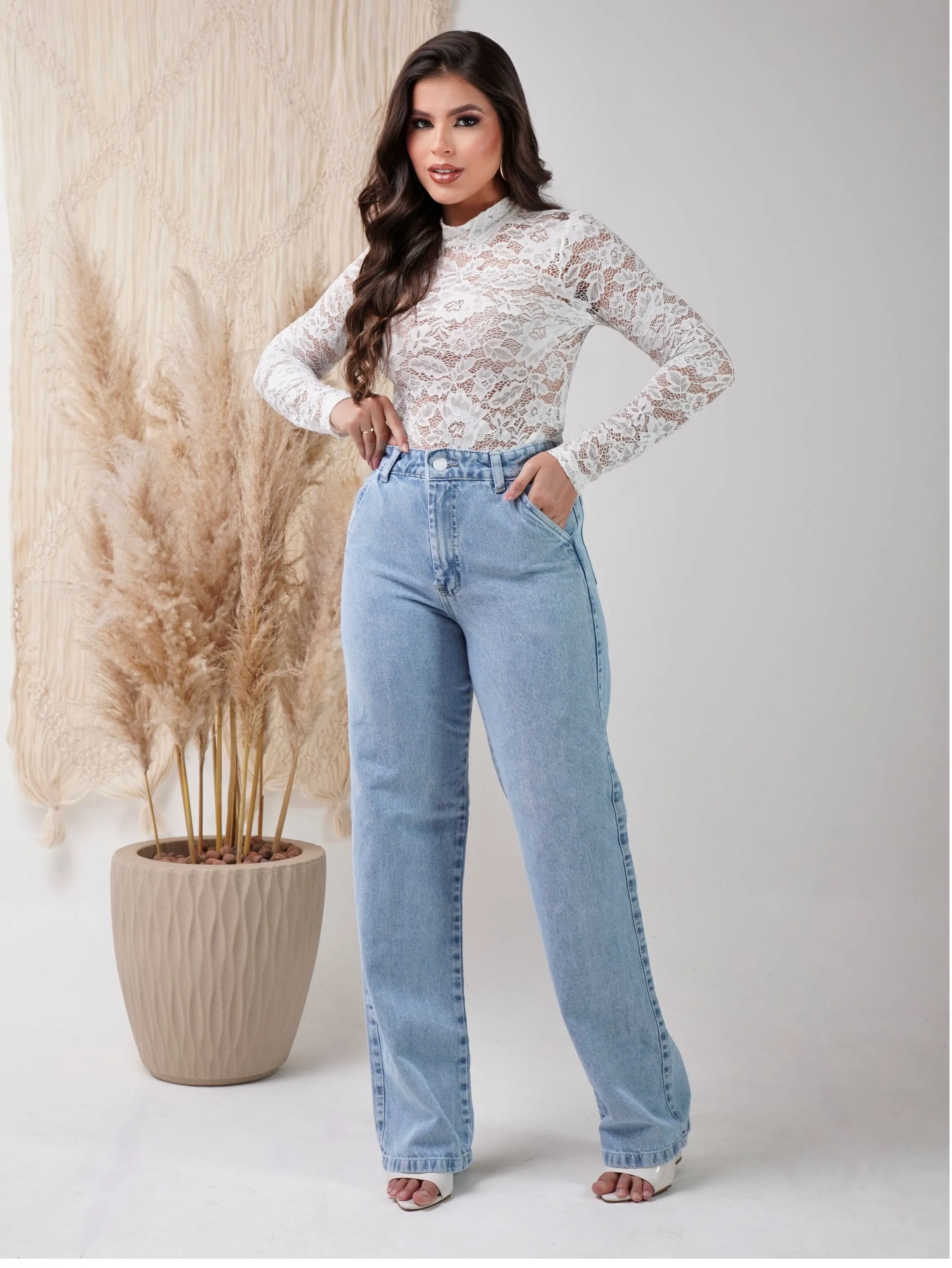Calça wide leg jeans feminina