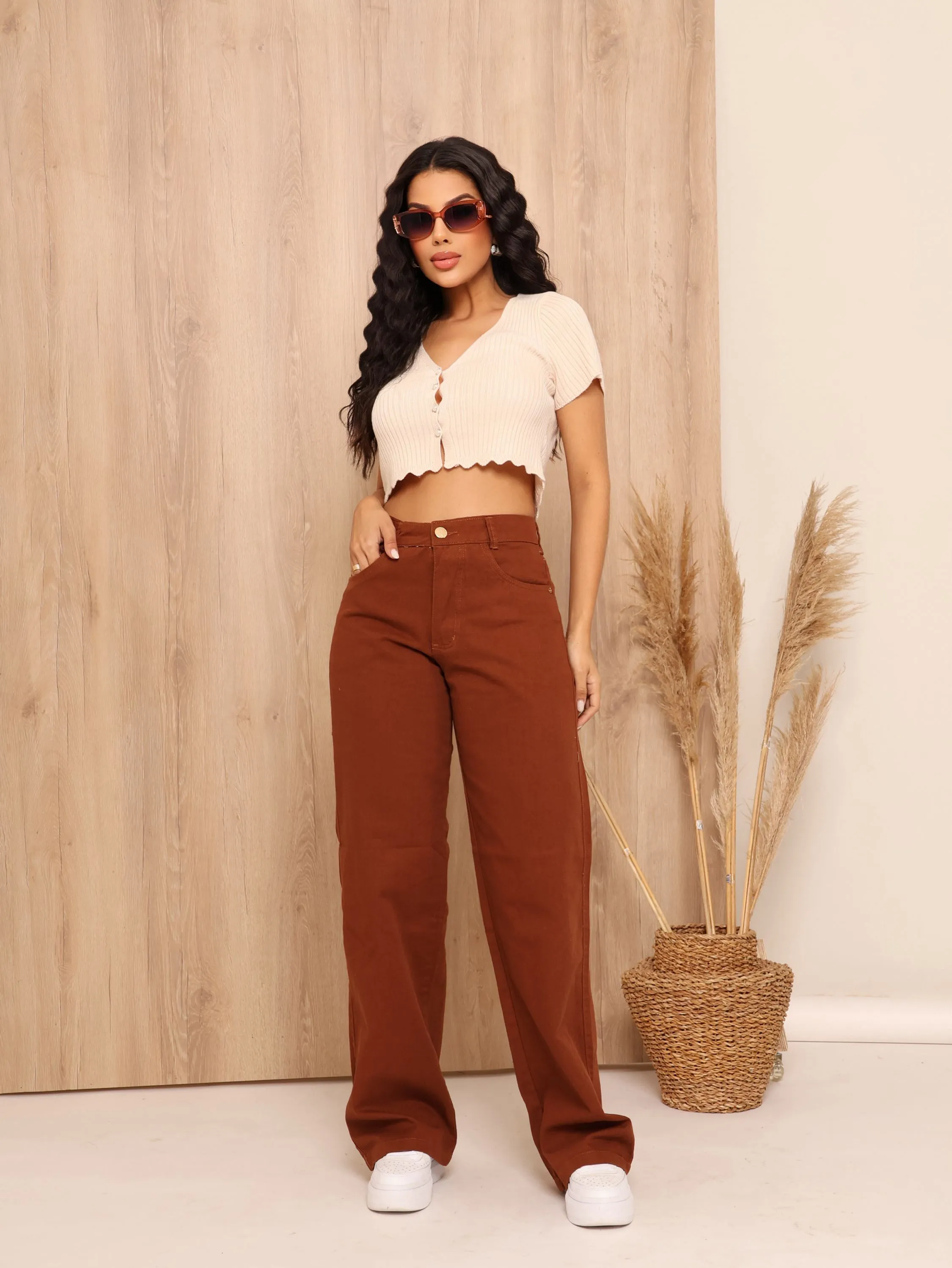 Calça wide leg jeans feminina