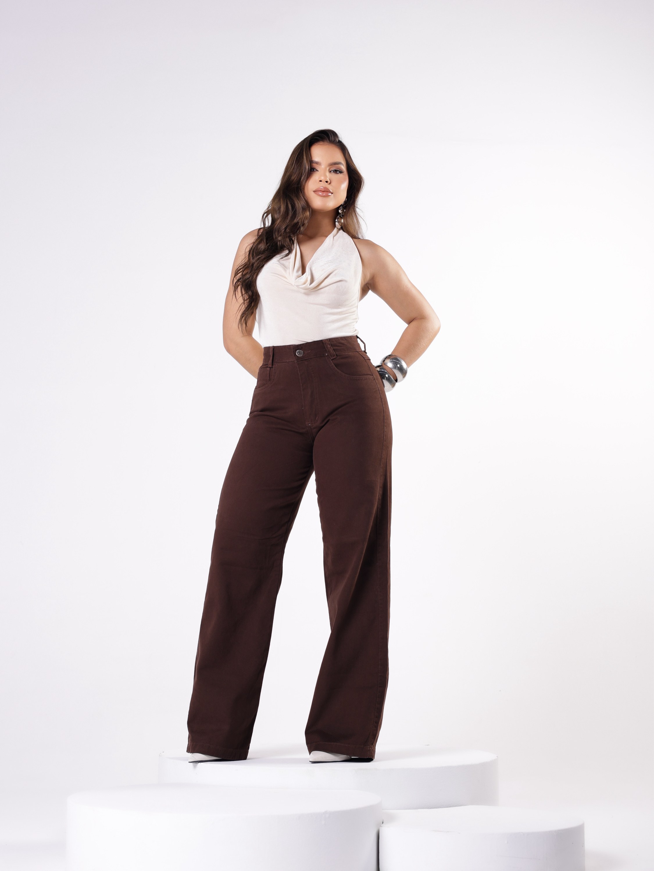 Calça wide leg jeans feminina