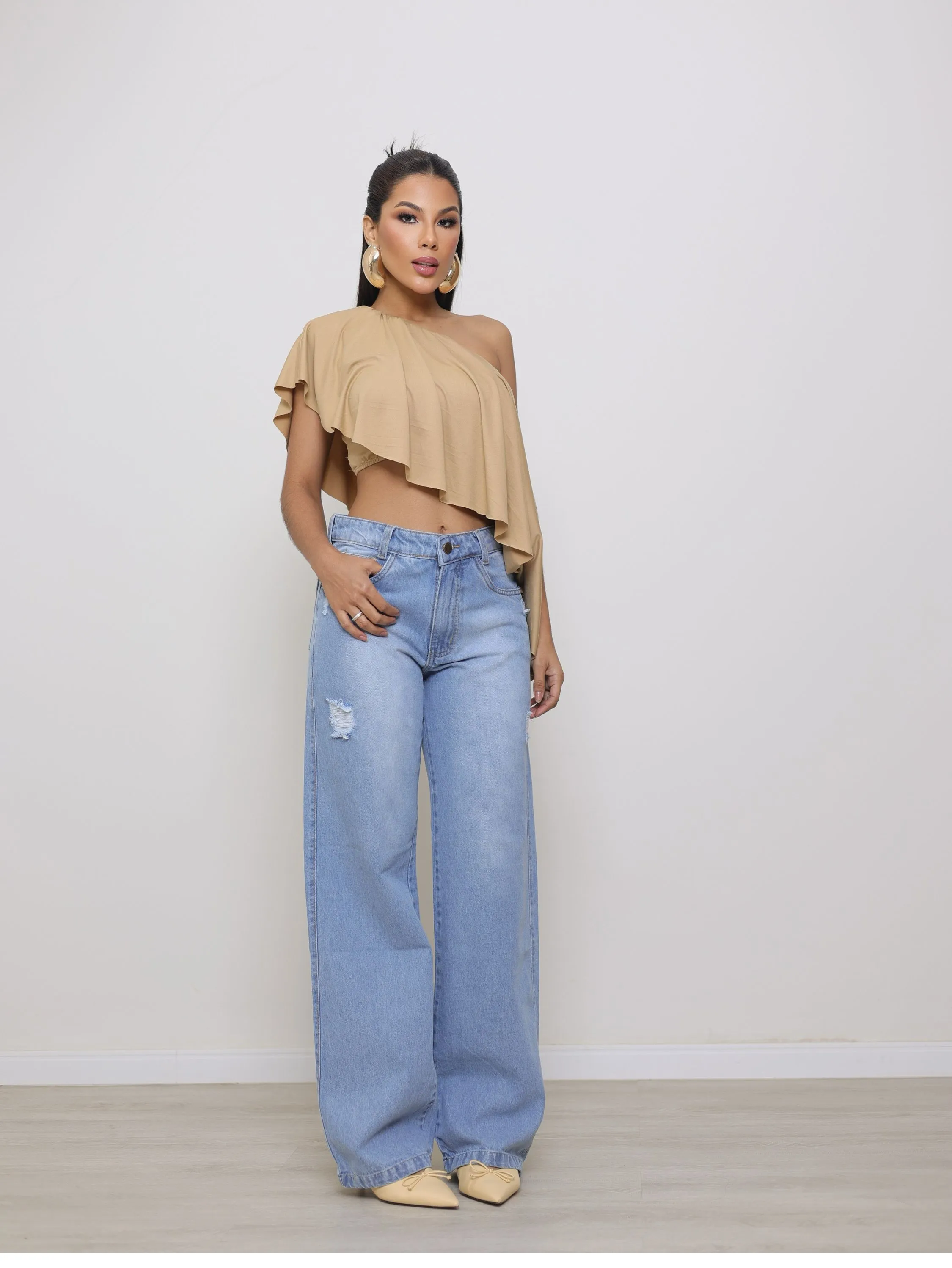Calça wide leg jeans feminina
