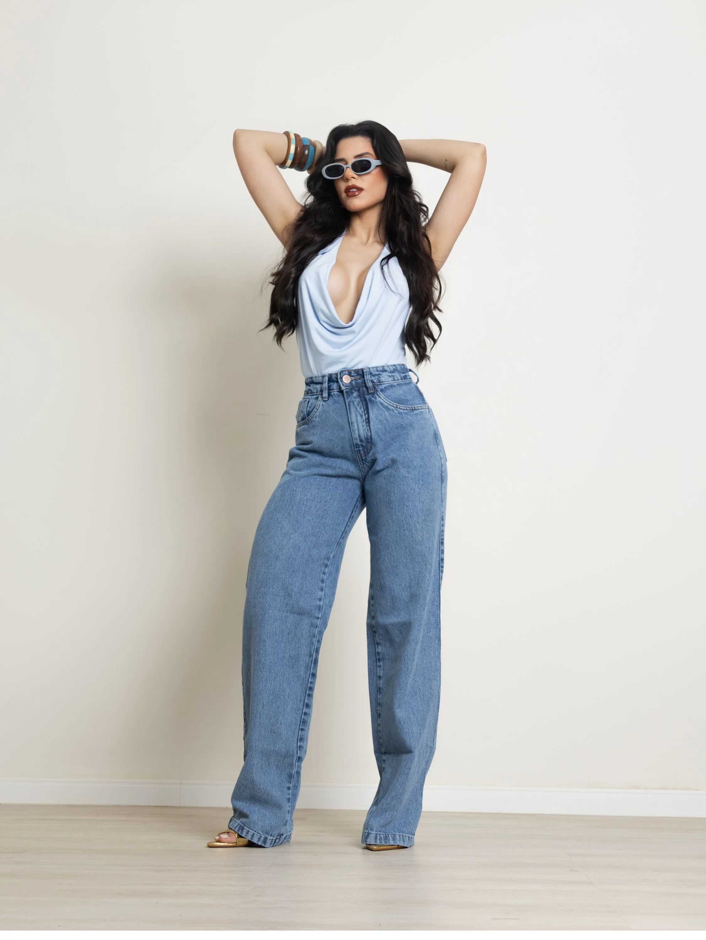 Calça wide leg jeans feminina